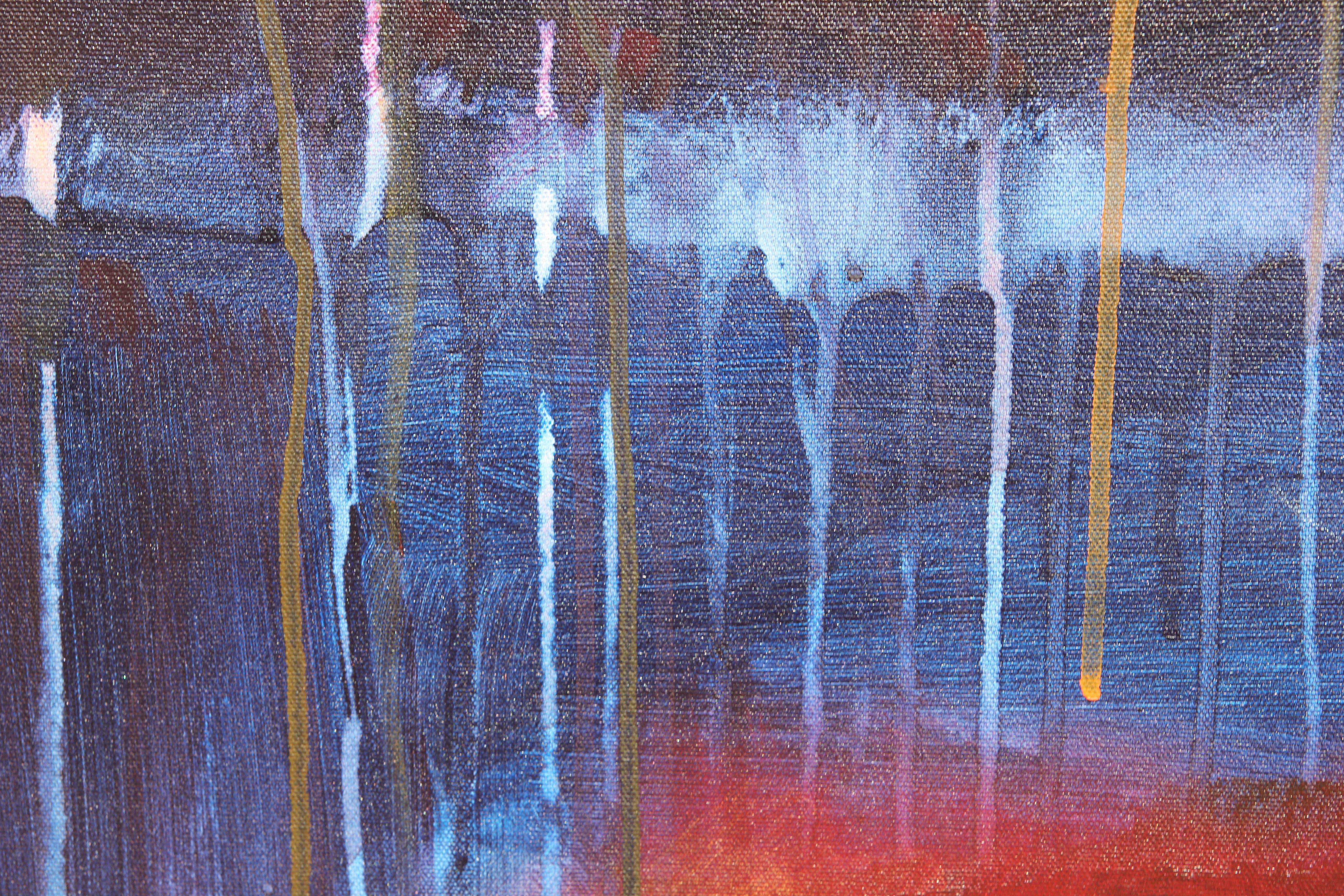 Grande peinture expressionniste abstraite rouge, orange et bleue en forme de V sonnant - Expressionnisme abstrait Painting par Karen Lastre