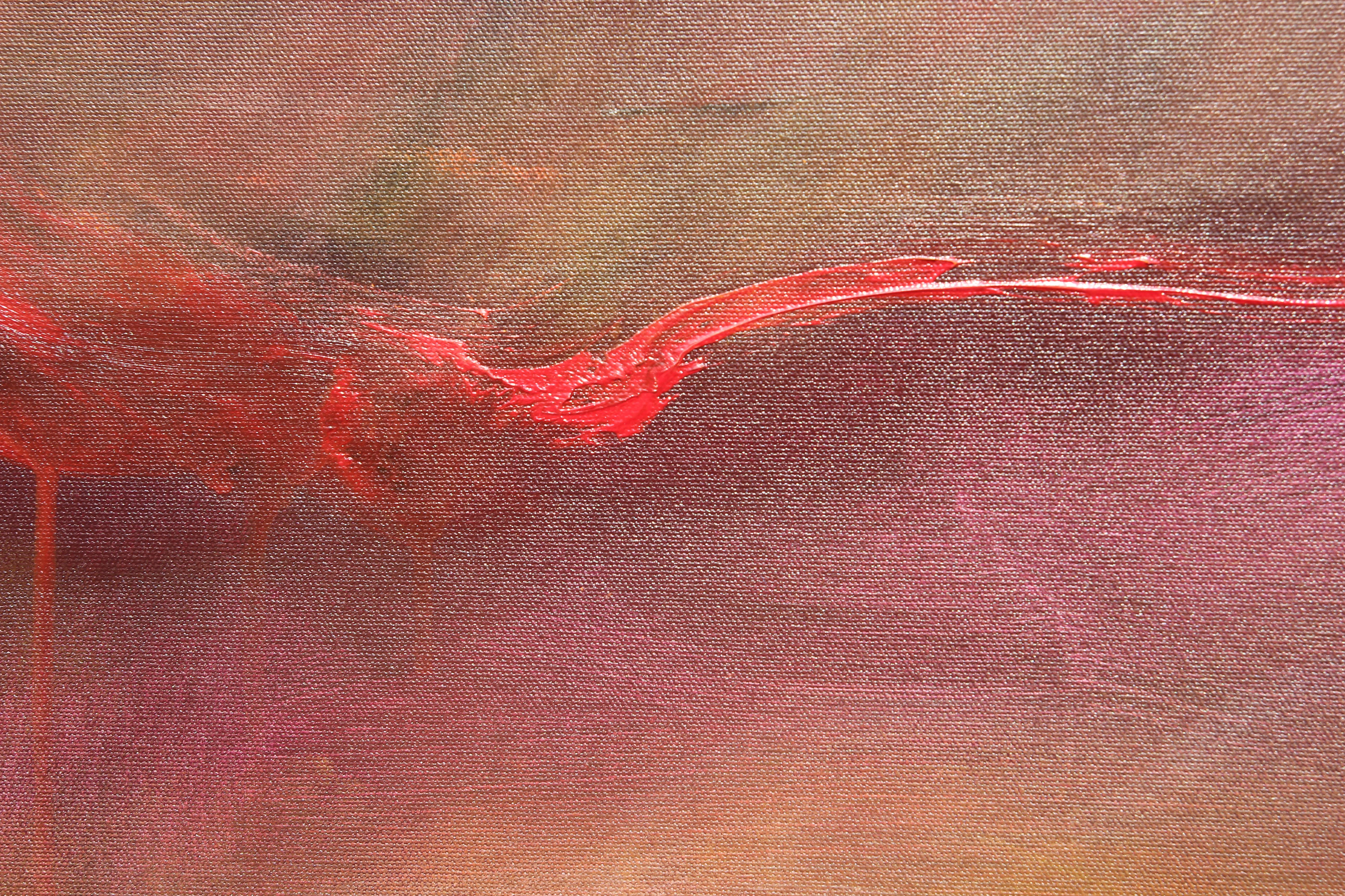 Sounding V Großes rotes, orangefarbenes und blaues abstraktes expressionistisches Gemälde (Braun), Abstract Painting, von Karen Lastre