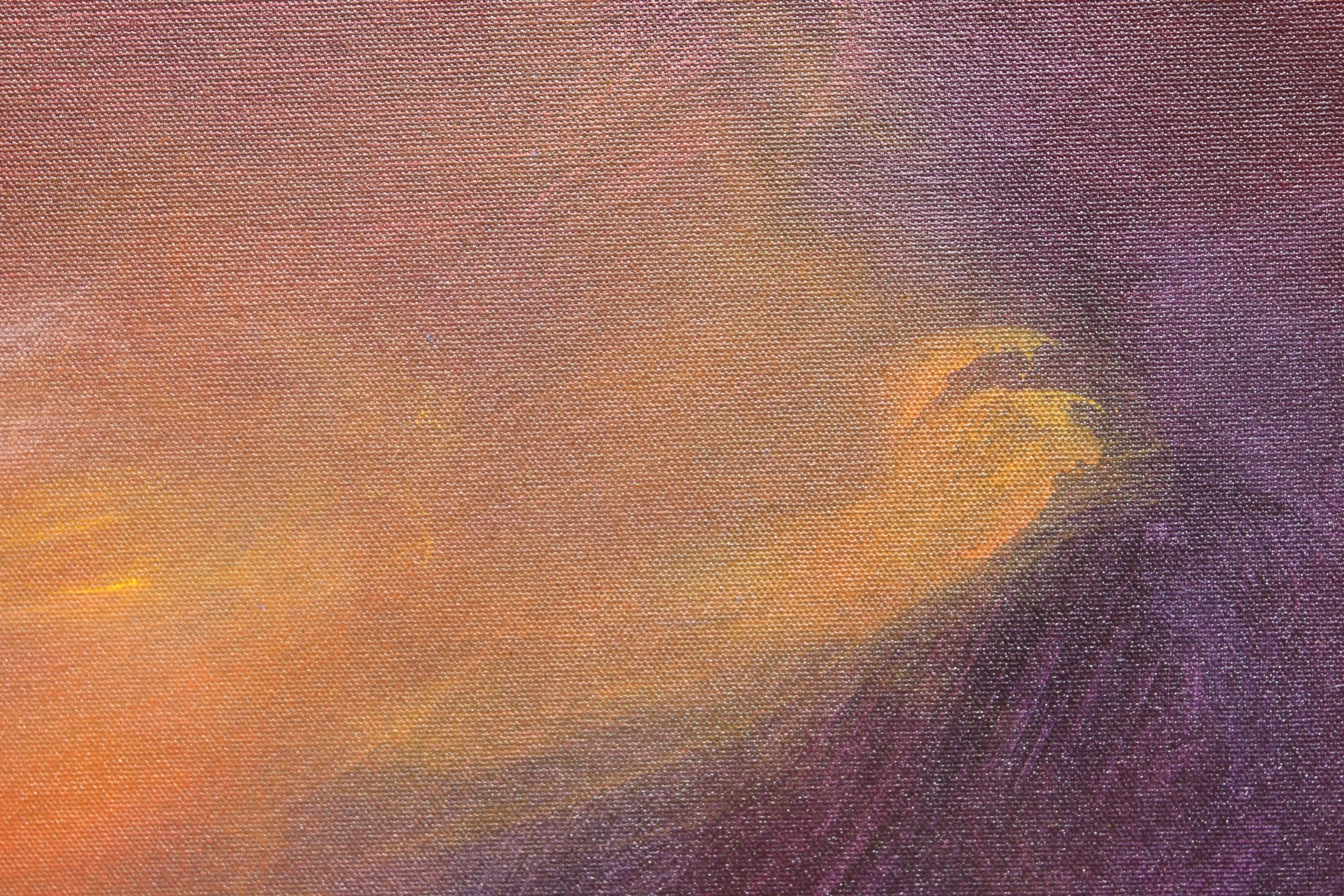 Grande peinture expressionniste abstraite influencée par Mark Rothko qui se compose de tons rouges, orange et bleus. La toile est signée, titrée et datée par l'artiste. La toile n'est pas encadrée. Cette peinture fait partie de la série 