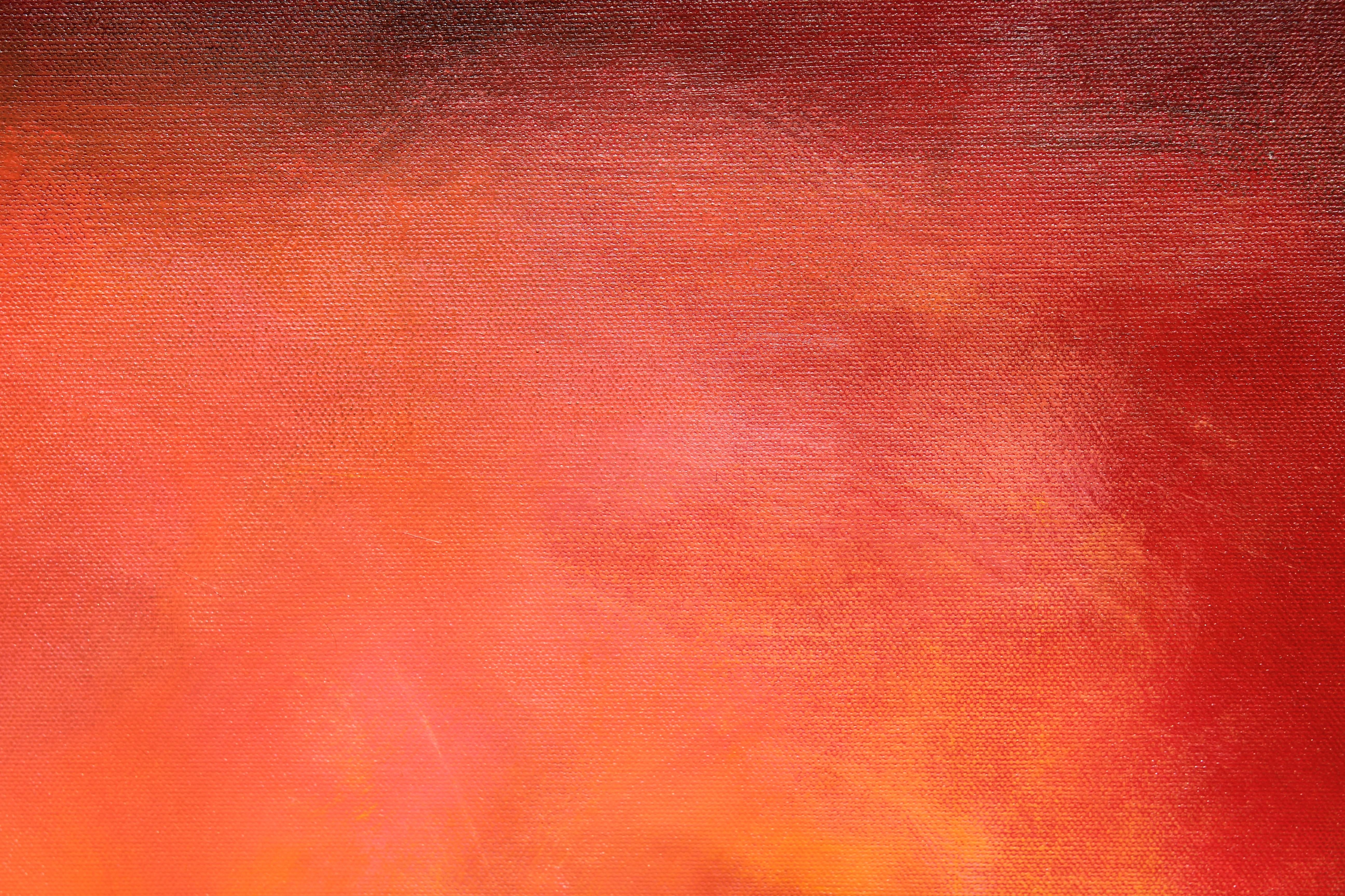 Grande peinture expressionniste abstraite rouge, orange et bleue en forme de V sonnant en vente 2