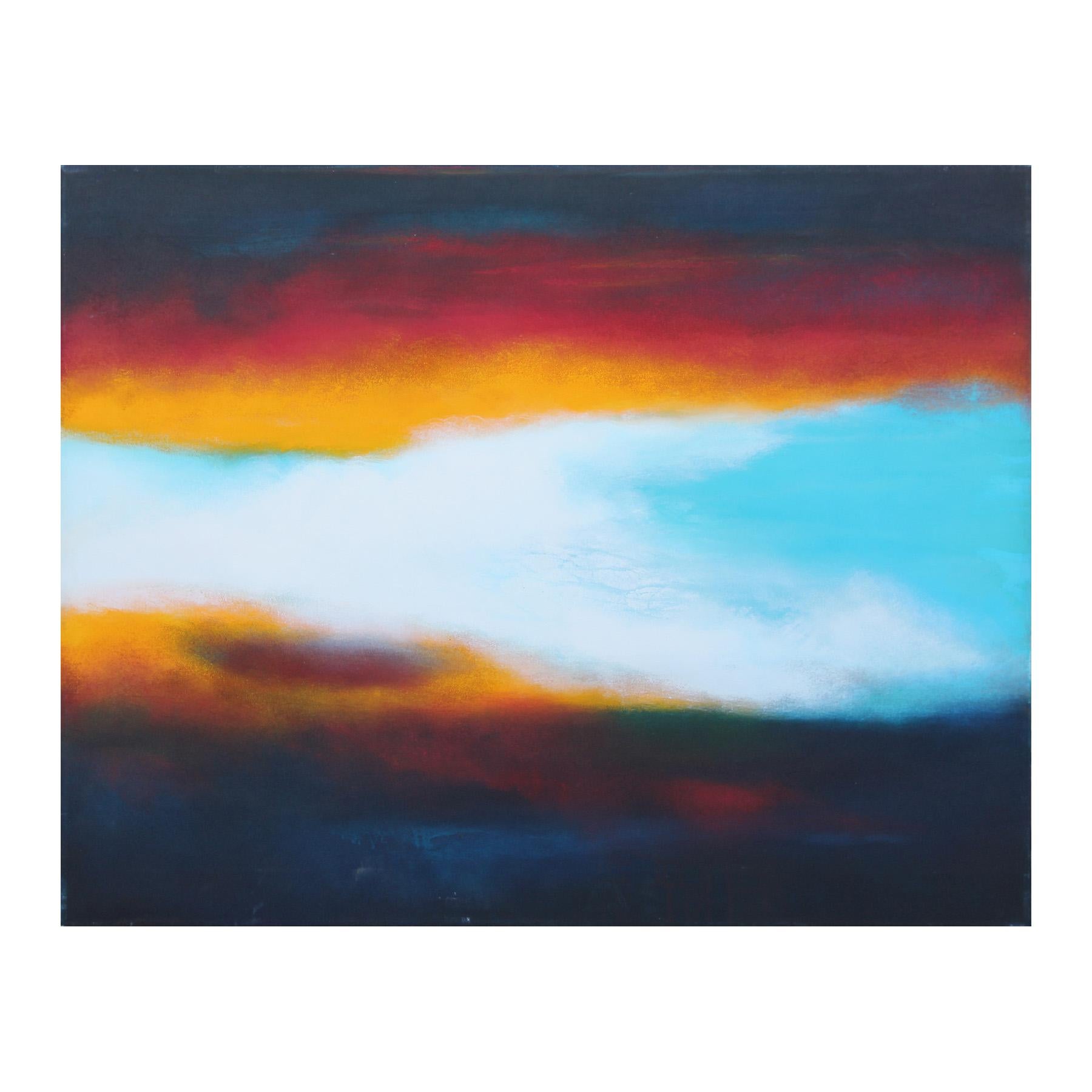 Karen Lastre Landscape Painting - “Sounding VI - The Path” Blue, Red, and Yellow Toned Modern Abstract Painting