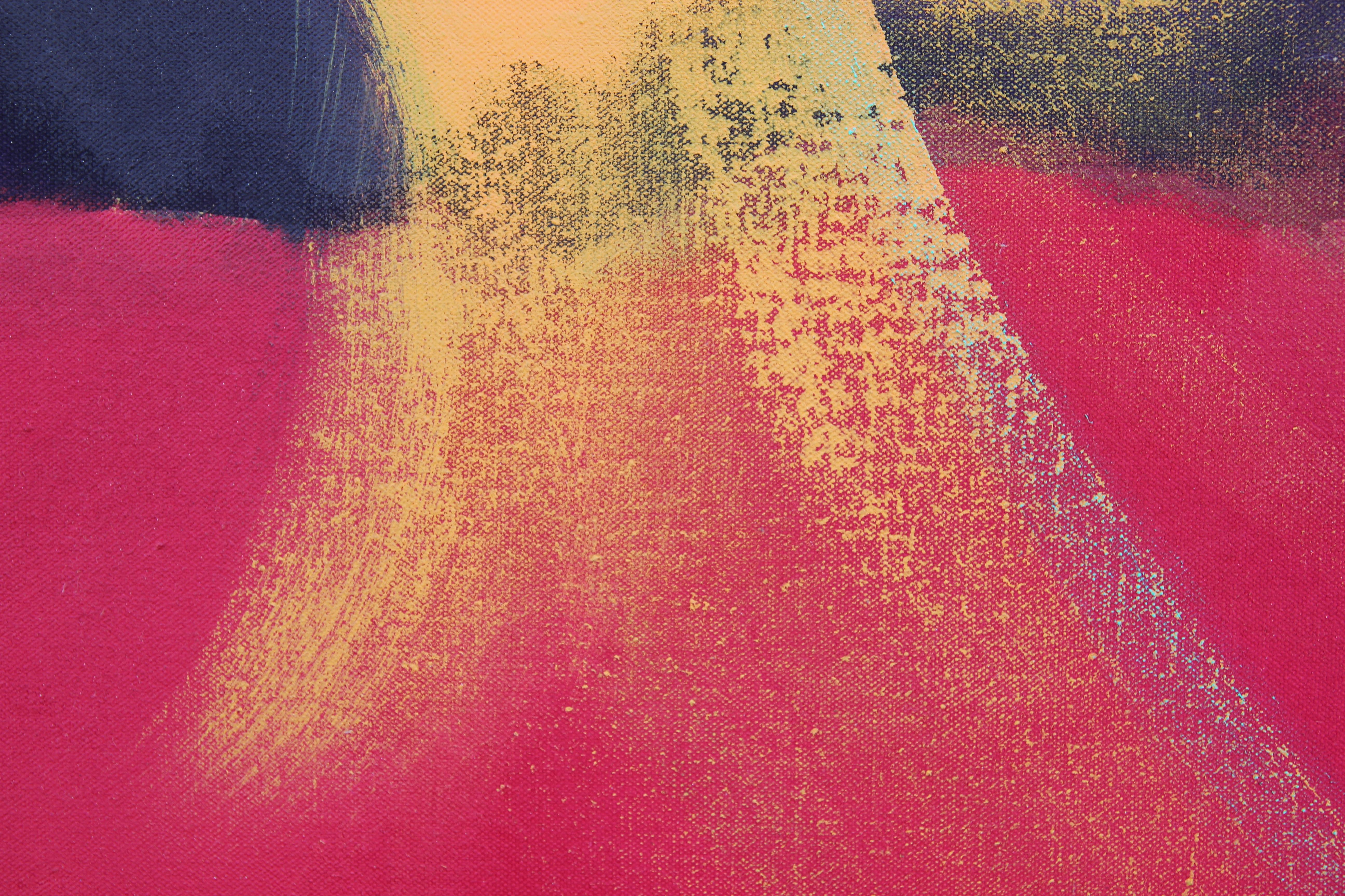 Peinture expressionniste abstraite moderne influencée par les peintures à champs de couleurs de Mark Rothko, qui incorpore des tons rouges, orange et bleu marine. Signé dans le coin inférieur droit ainsi que titré au dos. Actuellement non encadré,