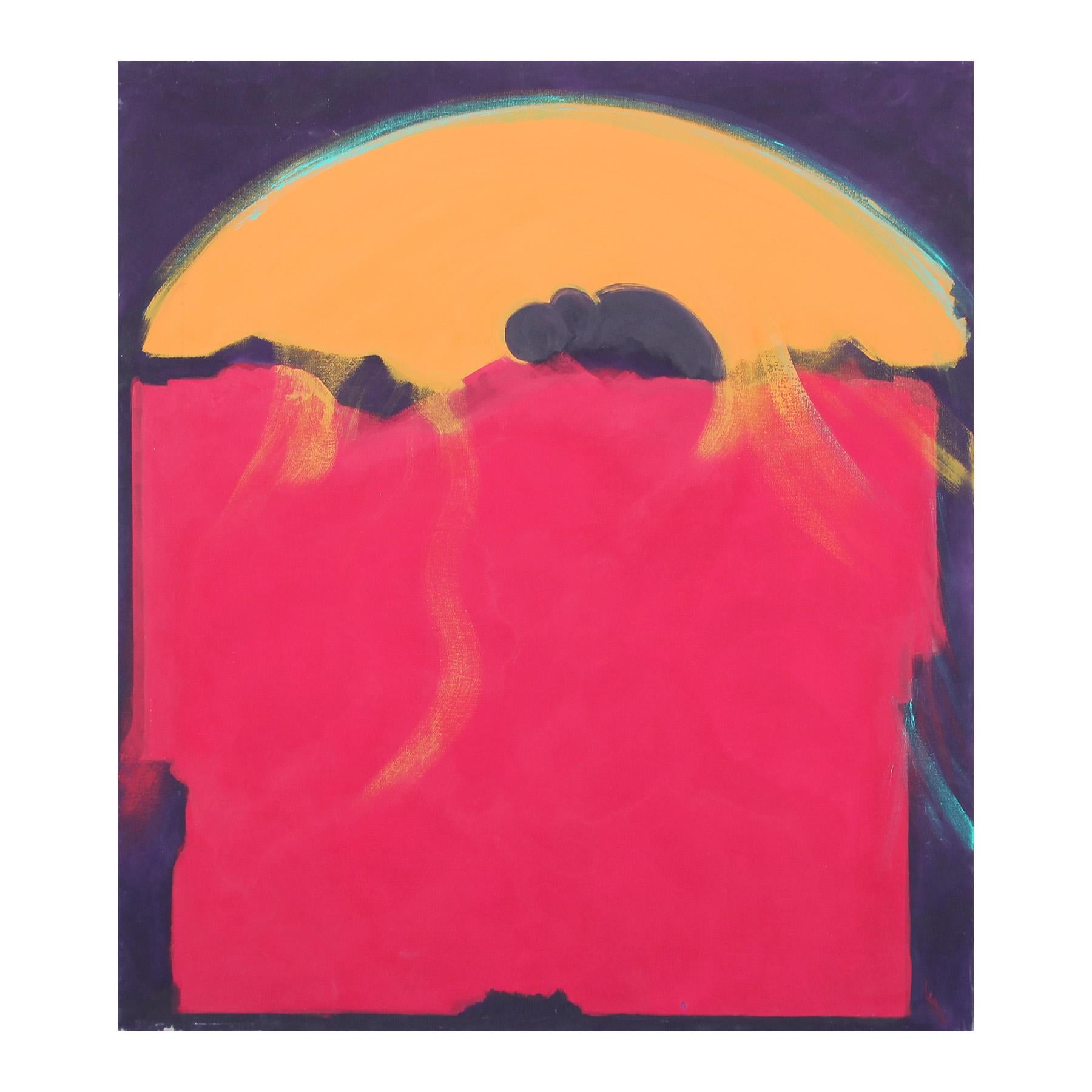 Landscape Painting Karen Lastre - Peinture expressionniste abstraite moderne rouge, orange et bleu marine « Spirit Advisor »