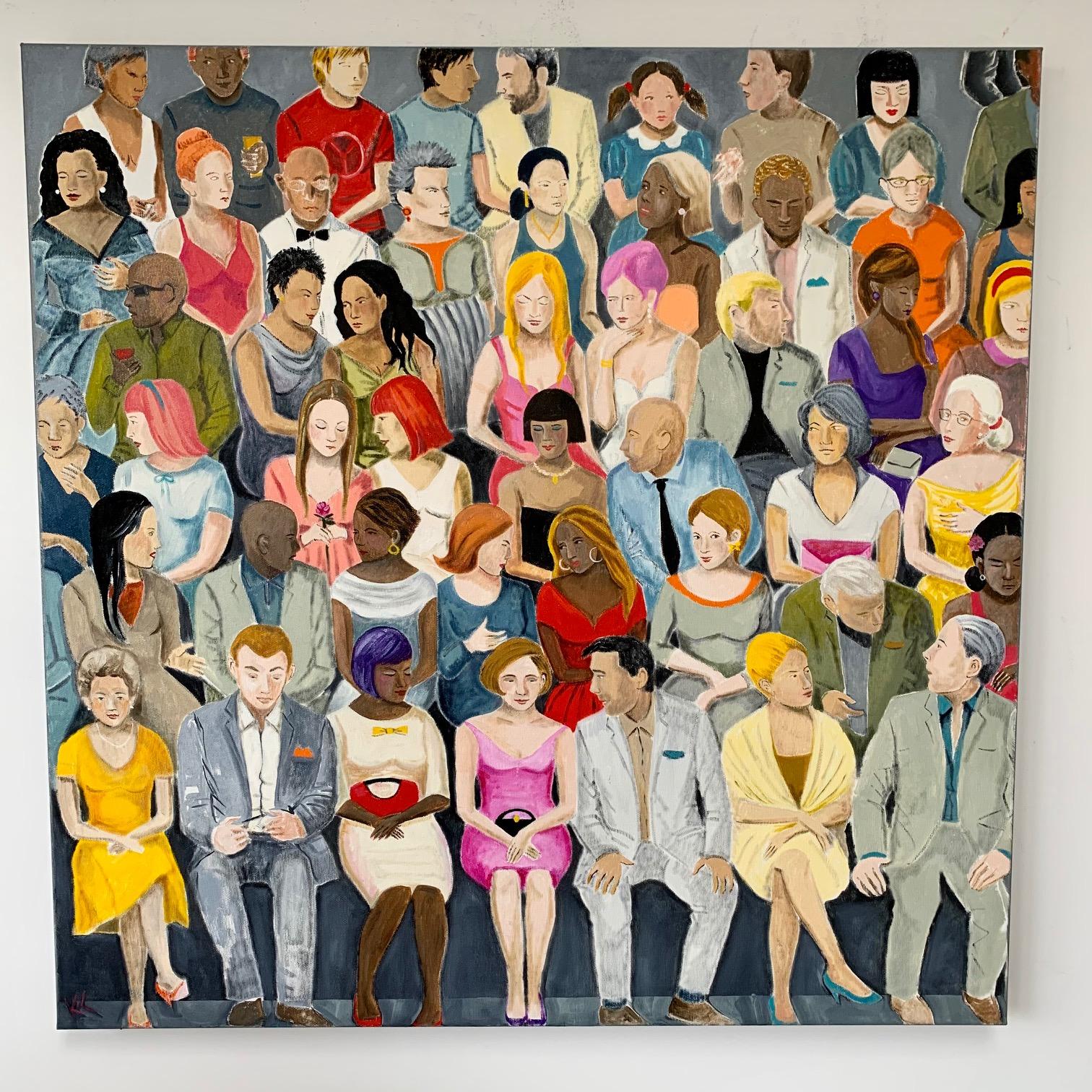 Crowd in Vivid Colour 6, Original painting, Figurative, People, Audience, Fun - Contemporary Painting by Karen Lynn