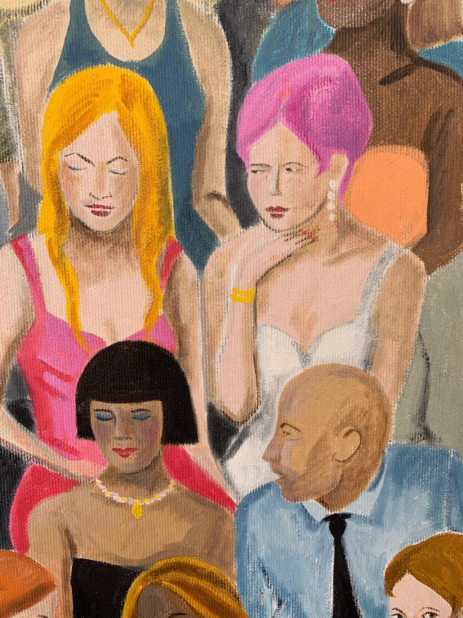 This is a painting from Karen Lynn’s ‘Crowd’ series of works.

In this particular painting she gave the audience a 60’s retro look and chose very bright colours like reds pinks and oranges. Every Crowd painting is unique as Lynn feels she is free to
