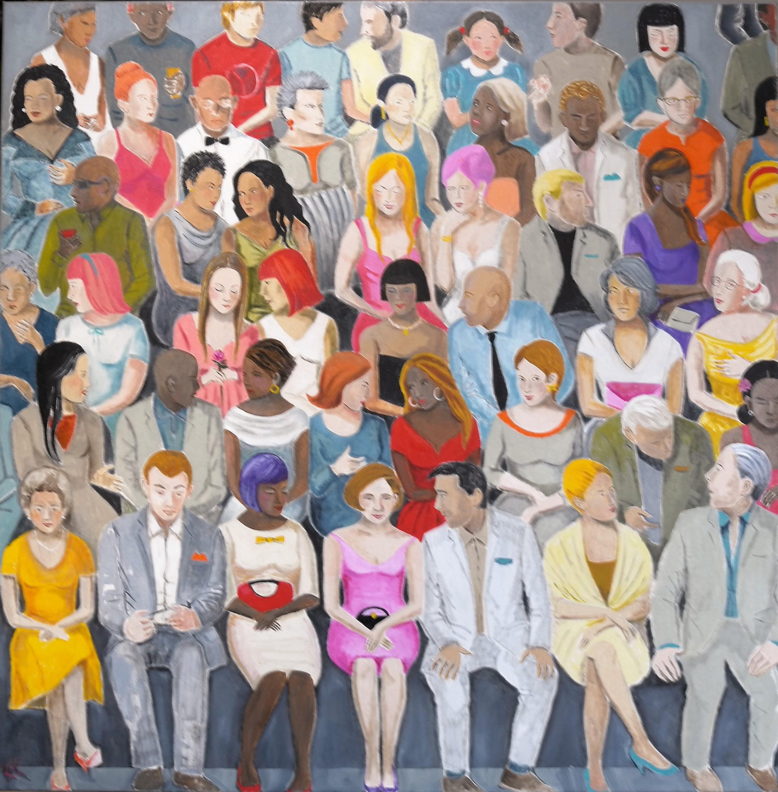 Crowd in Vivid Color 6, peinture originale, figurative, personnes,audience, amusant