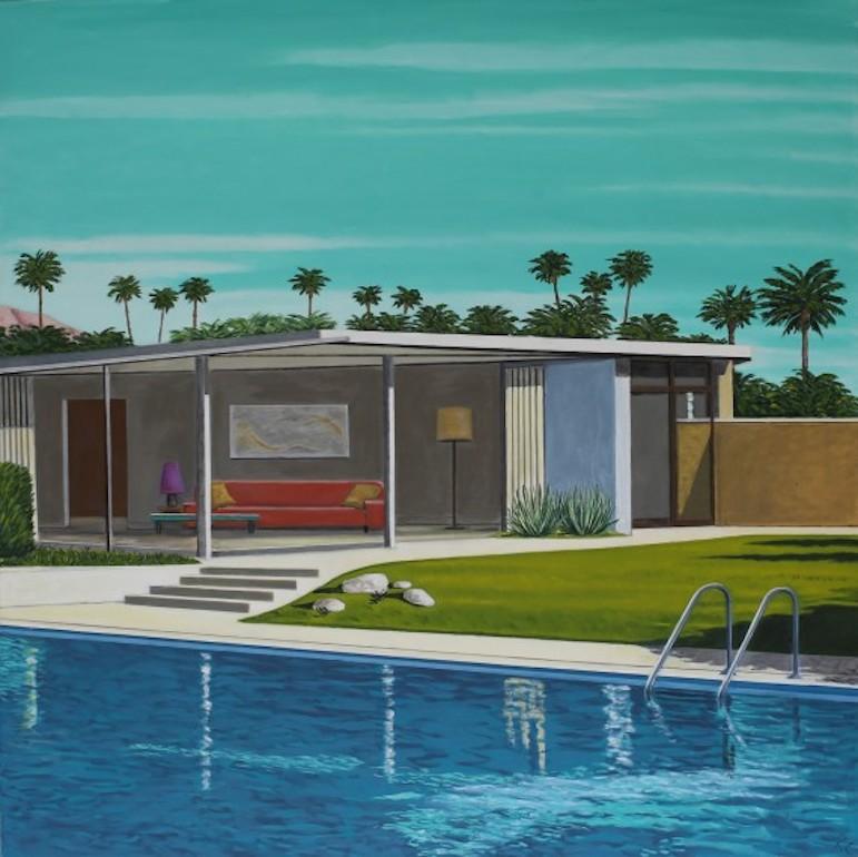 Interior Painting de Karen Lynn - Casa del Desierto Kaufmann - Derecha, Pintura original, Contemporáneo, Hockney, Glamour