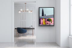 Casa Rosa Kitch, Pintura Original de Paisaje Arquitectónico, Arte Estilo Hockney