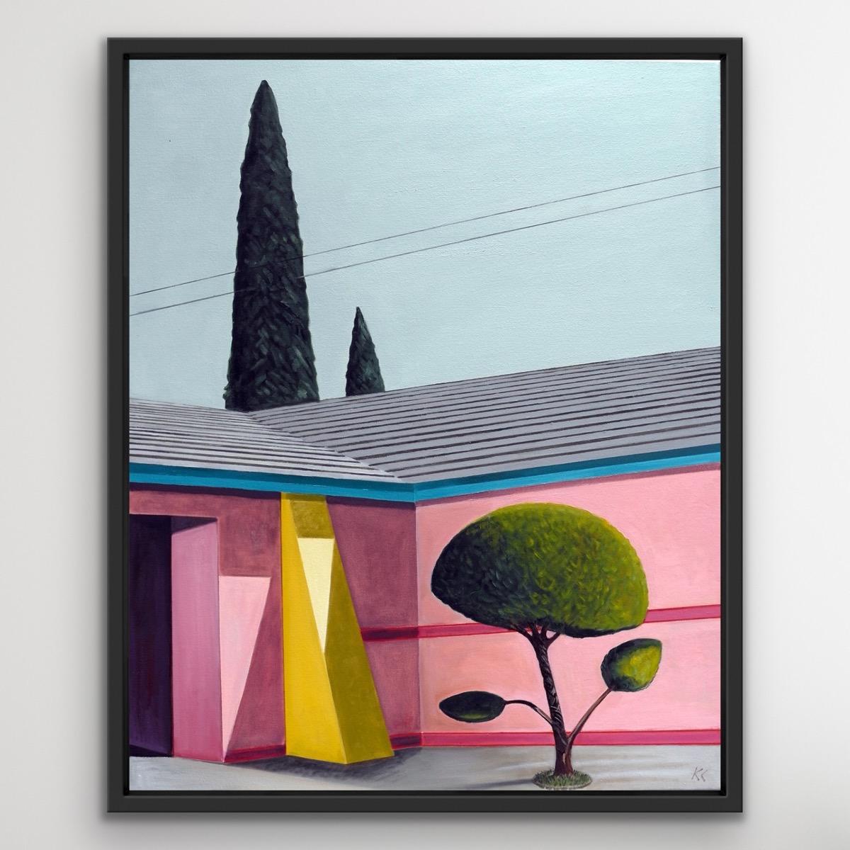 Kitch Pink House, Original Architectural Landscape Painting, Hockney Style Art 2