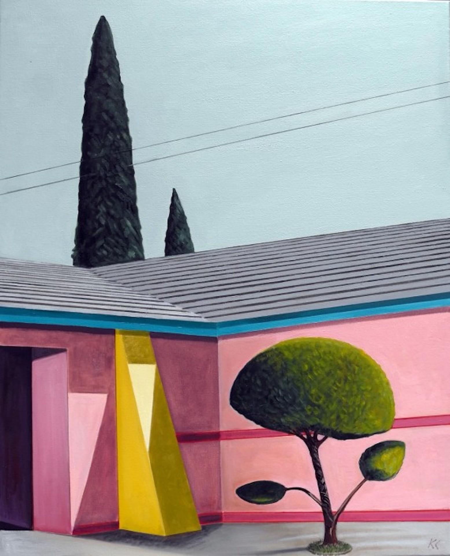 This is a painting form my architectural series of works. I was attracted to the yellows and pinks of the West Coast architecture depicting sculpture and topiary.
Karen Lynn is available online and in our gallery at Wychwood Art. Karen is inspired