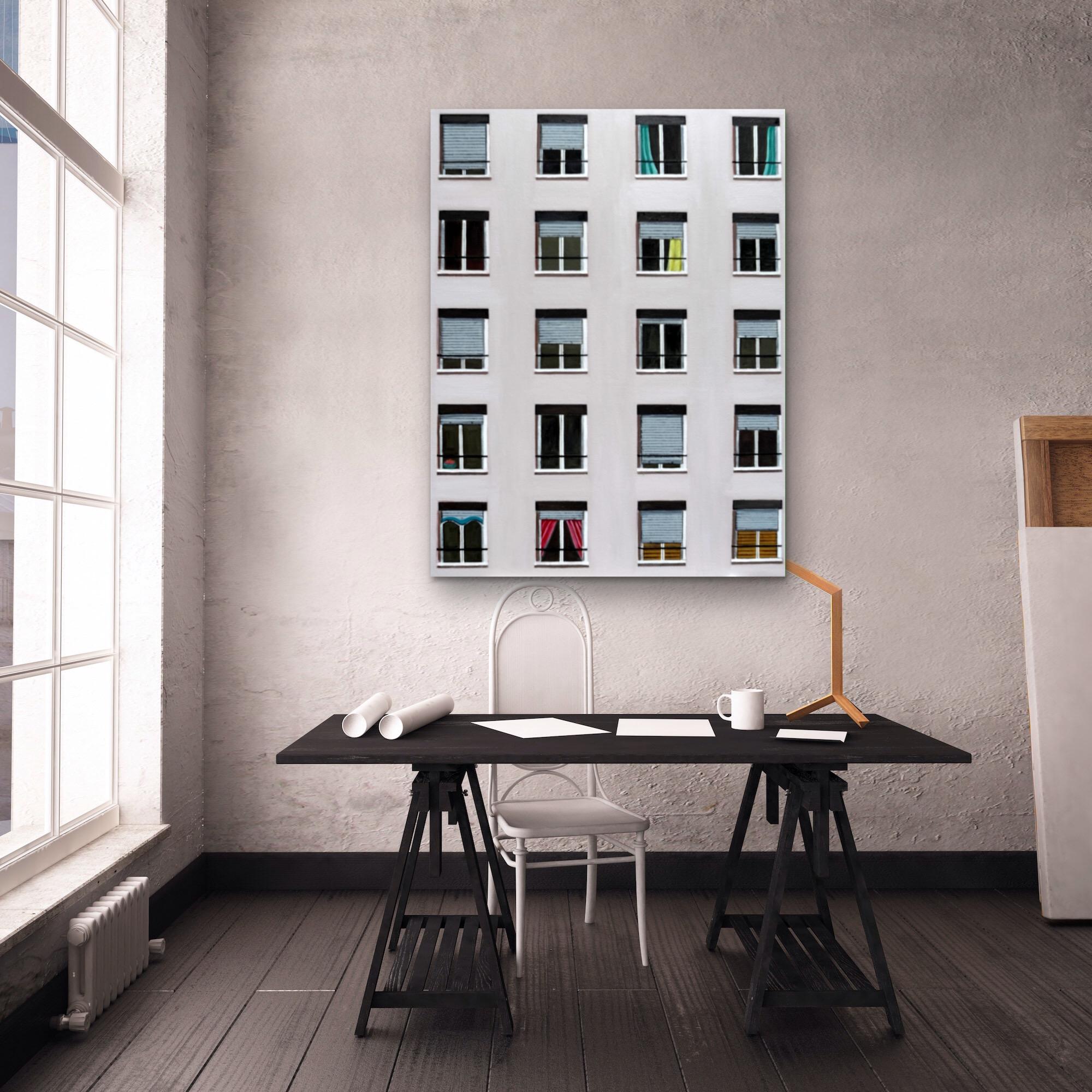 Multiple windows, architectural art, original art, affordable art, urban art - Painting by Karen Lynn