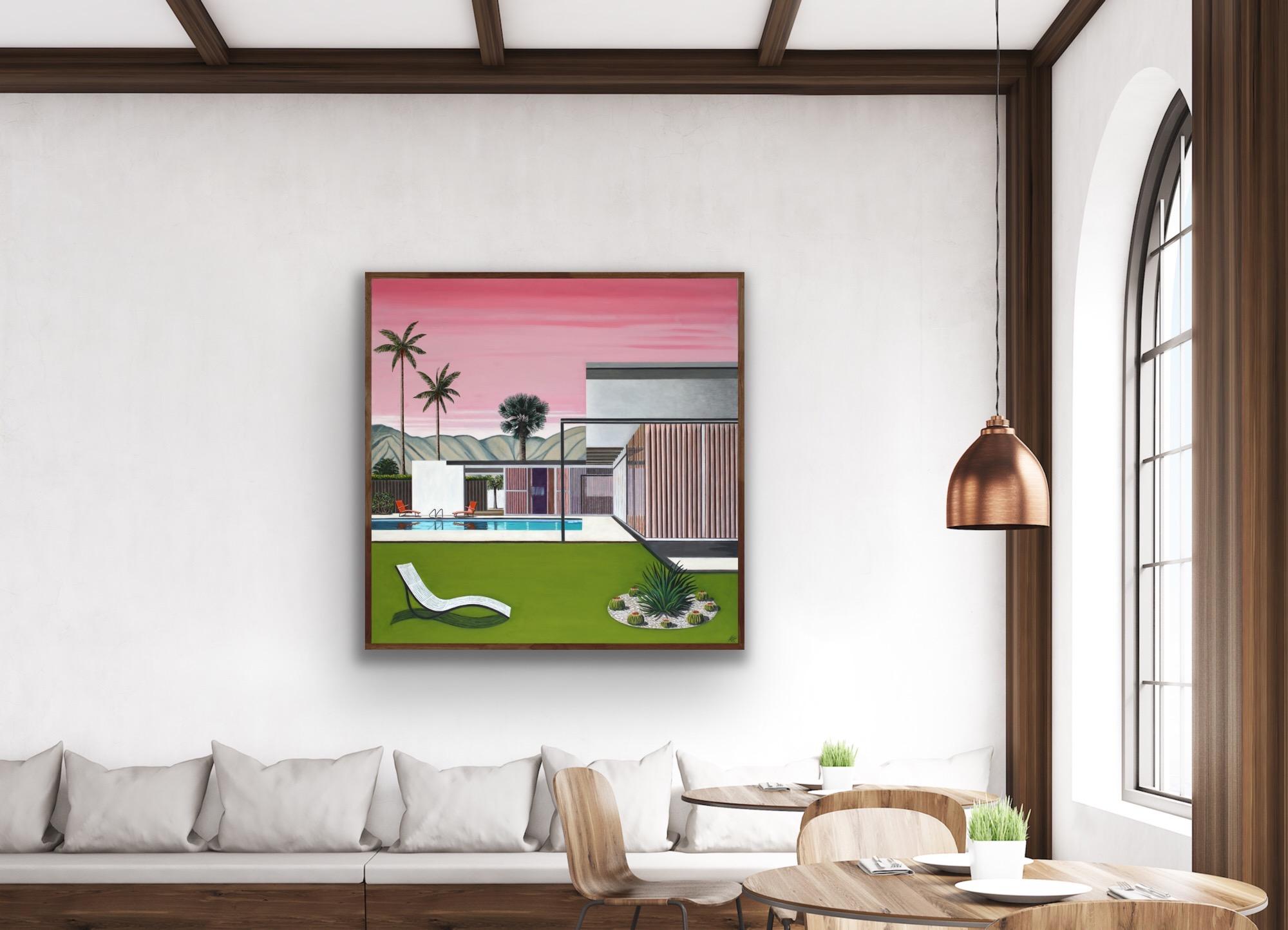 Pink Sky Neutra House, Original painting, Architect, Contemporary, Hockney style For Sale 7