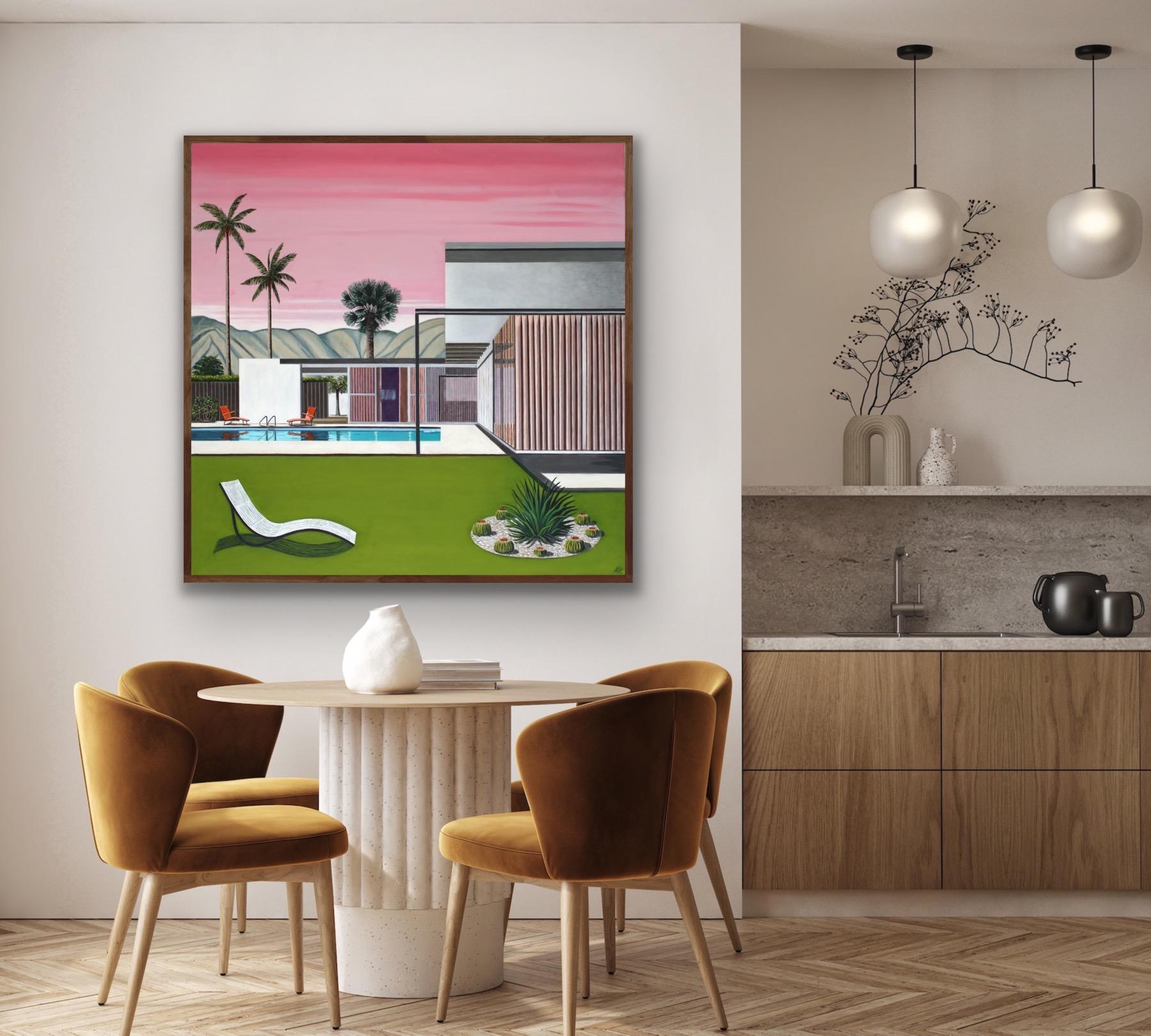 Pink Sky Neutra House, Original painting, Architect, Contemporary, Hockney style For Sale 8