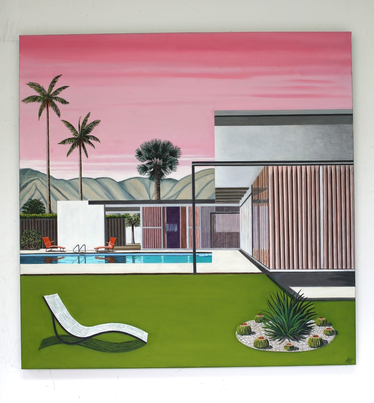 Pink Sky Neutra House, Original painting, Architect, Contemporary, Hockney style - Painting by Karen Lynn