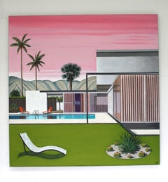 Pink Sky Neutra House, Original painting, Architect, Contemporary, Hockney style