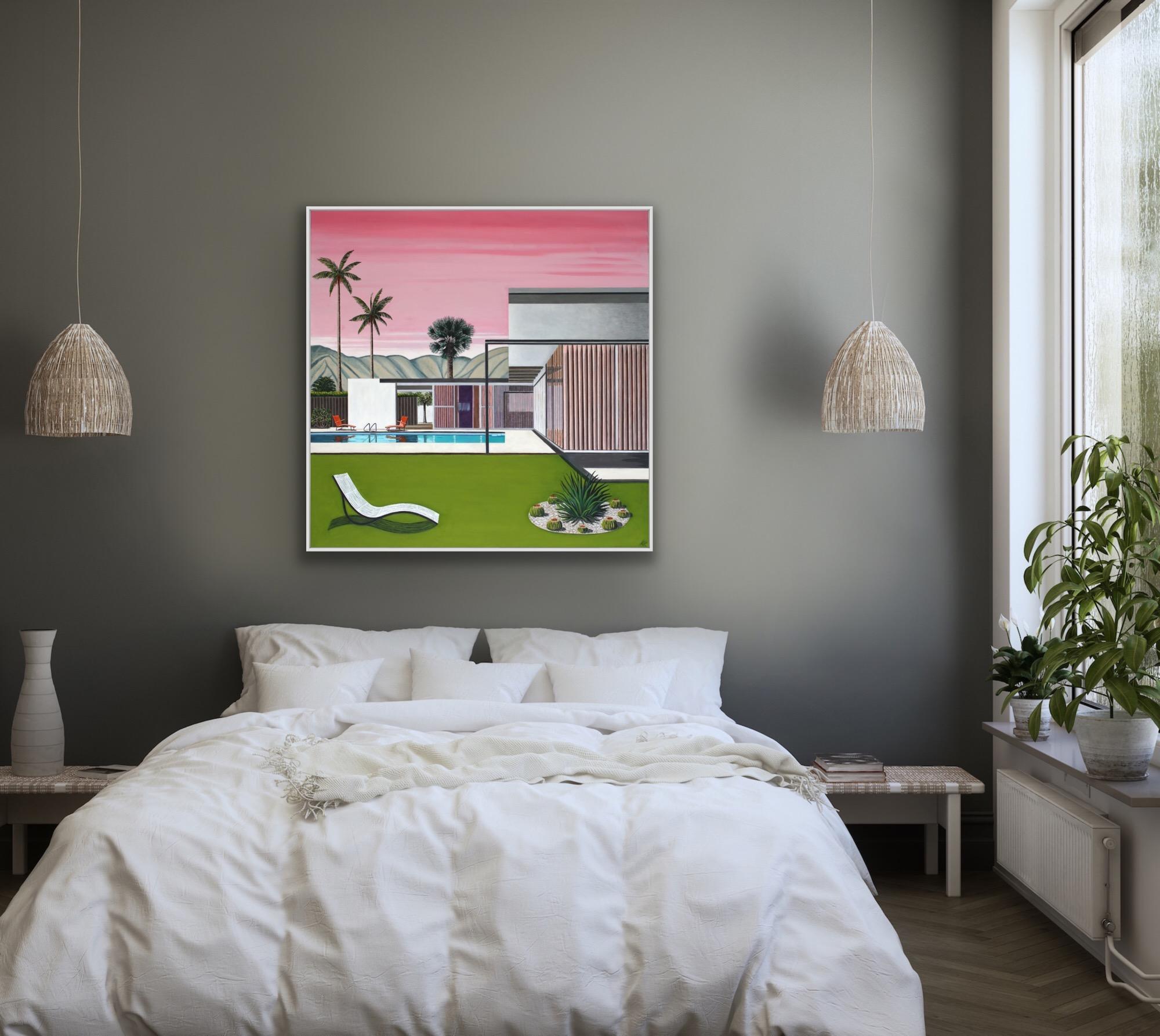 This is a painting from my series of architecural paintings. In this particular painting I have played with colour by adding a striking cinematic pink sky which contrasts against a turquoise pool and a green grass garden. I love mid century