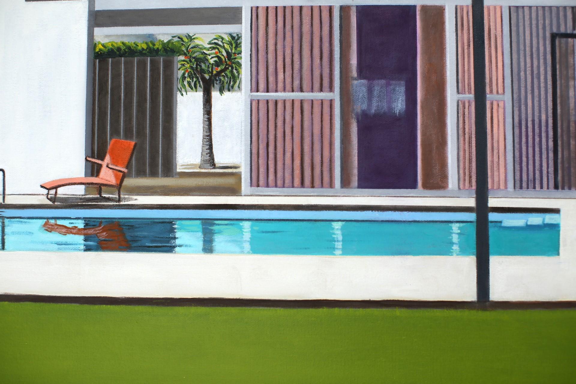 Cette peinture fait partie de ma série de peintures architecturales. Dans ce tableau particulier, j'ai joué avec les couleurs en ajoutant un ciel d'un rose cinématographique saisissant qui contraste avec une piscine turquoise et un jardin d'herbe