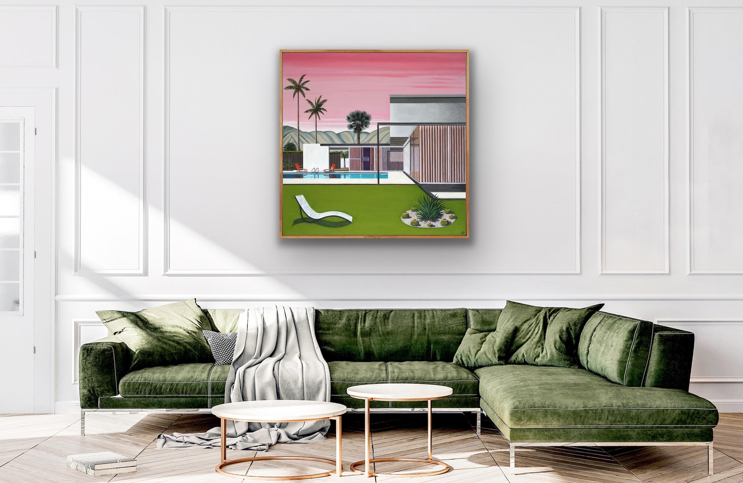 Pink Sky Neutra House, Original painting, Architect, Contemporary, Hockney style For Sale 4
