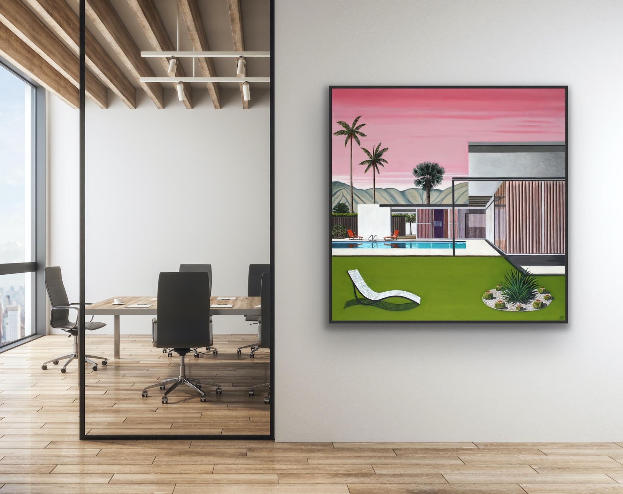 Pink Sky Neutra House, Original painting, Architect, Contemporary, Hockney style For Sale 6