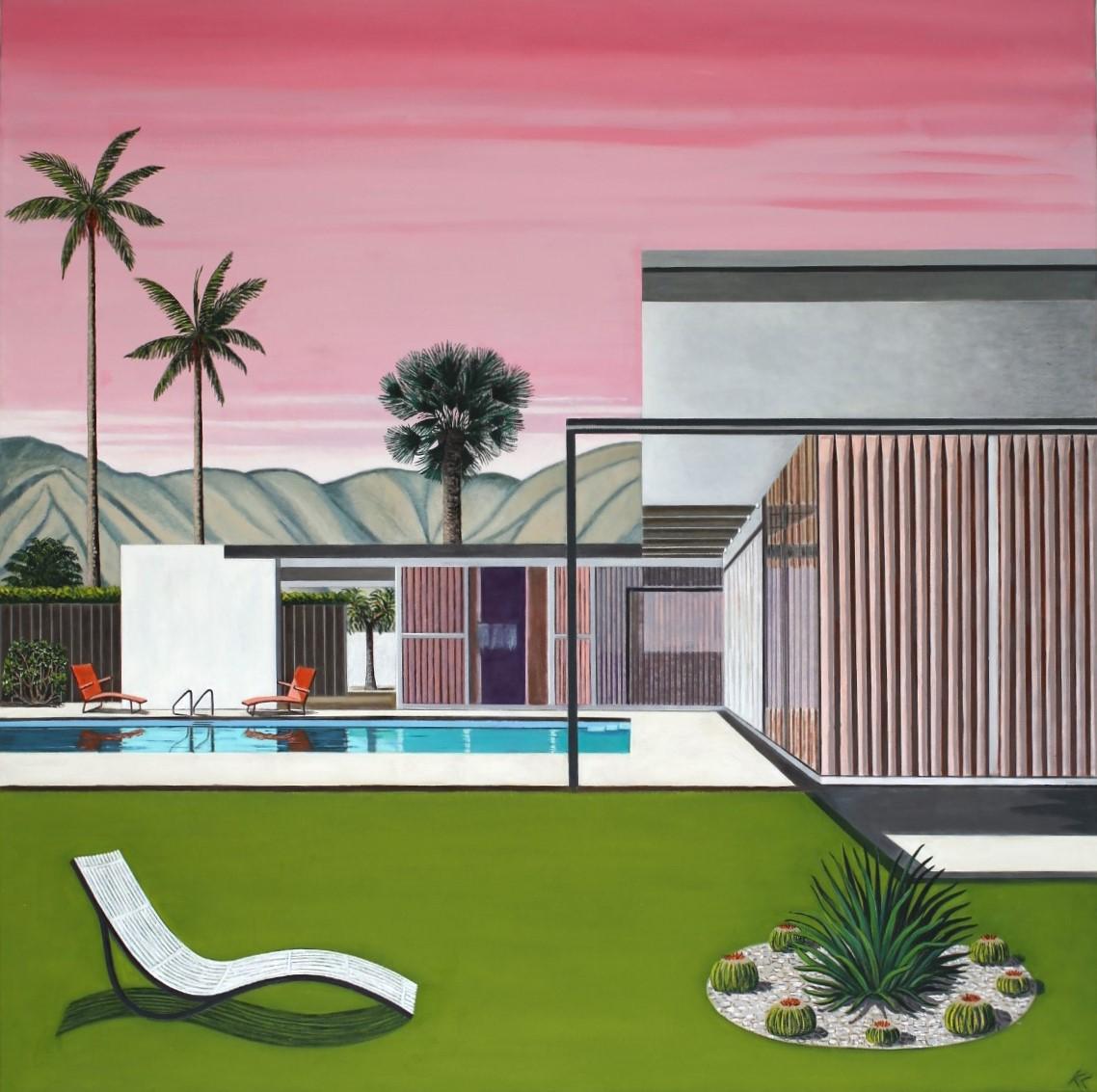 Landscape Painting Karen Lynn - Pink Sky Neutra House, peinture originale, architecte, contemporain, style Hockney