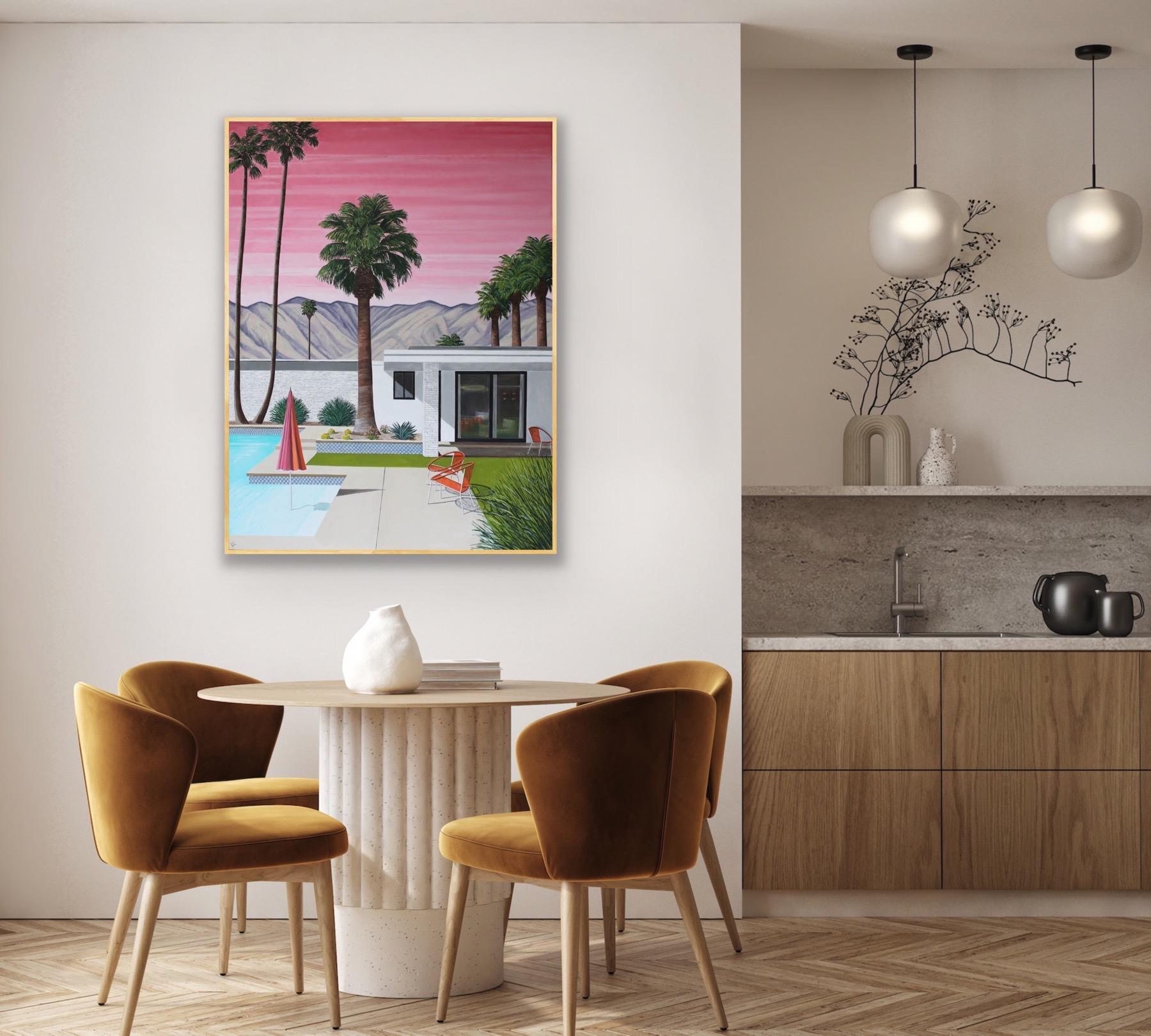 Pink Sky Orange Chairs, peinture originale, Contemporary, Hockney, Glamour en vente 5
