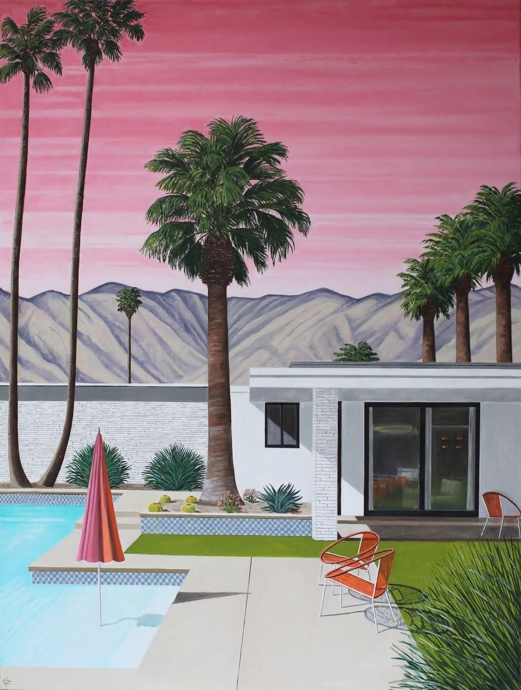 Pink Sky Orange Chairs, peinture originale, Contemporary, Hockney, Glamour - Painting de Karen Lynn