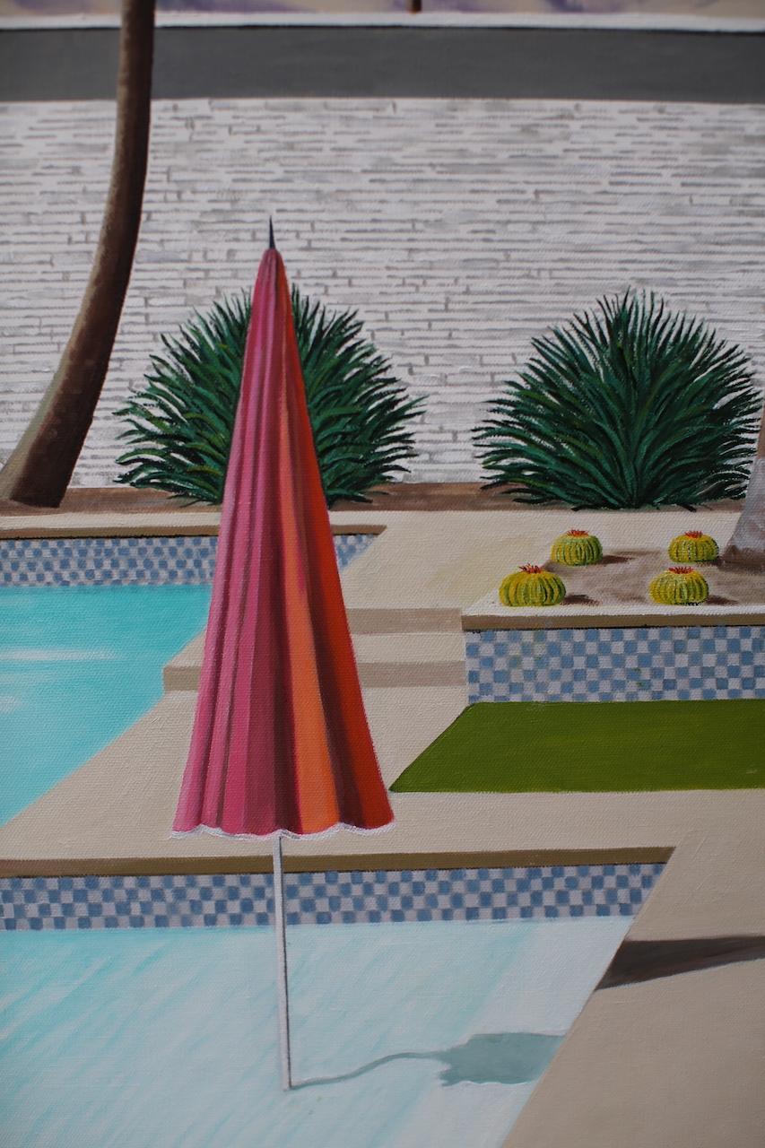 Cette peinture fait partie de ma série de peintures de piscines architecturales ensoleillées. En tant que nageuse, j'aime peindre des piscines au soleil et je rêve de me retrouver dans l'une de mes peintures. Dans ce tableau particulier, j'ai peint