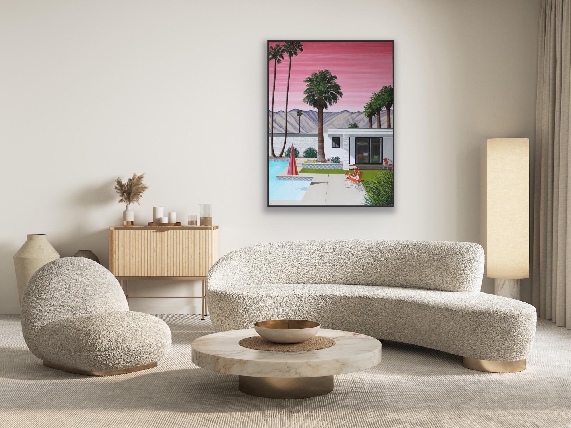 Pink Sky Orange Chairs, peinture originale, Contemporary, Hockney, Glamour en vente 3