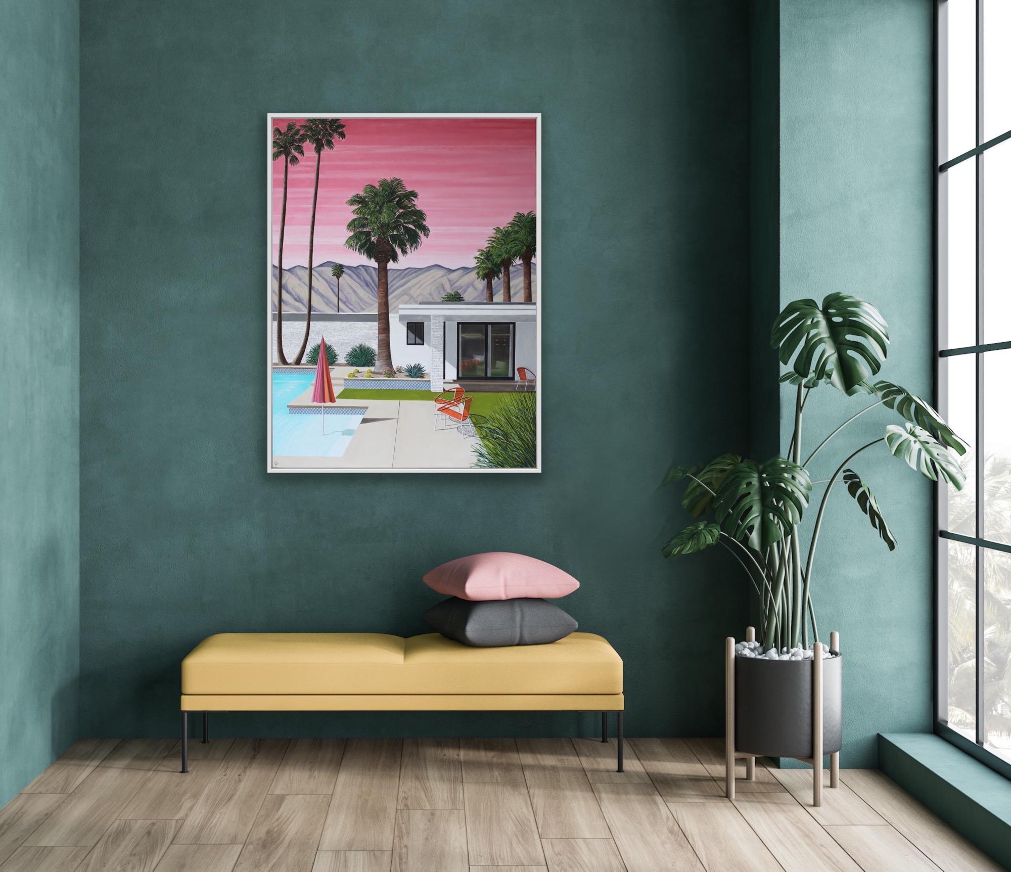 Pink Sky Orange Chairs, peinture originale, Contemporary, Hockney, Glamour en vente 4