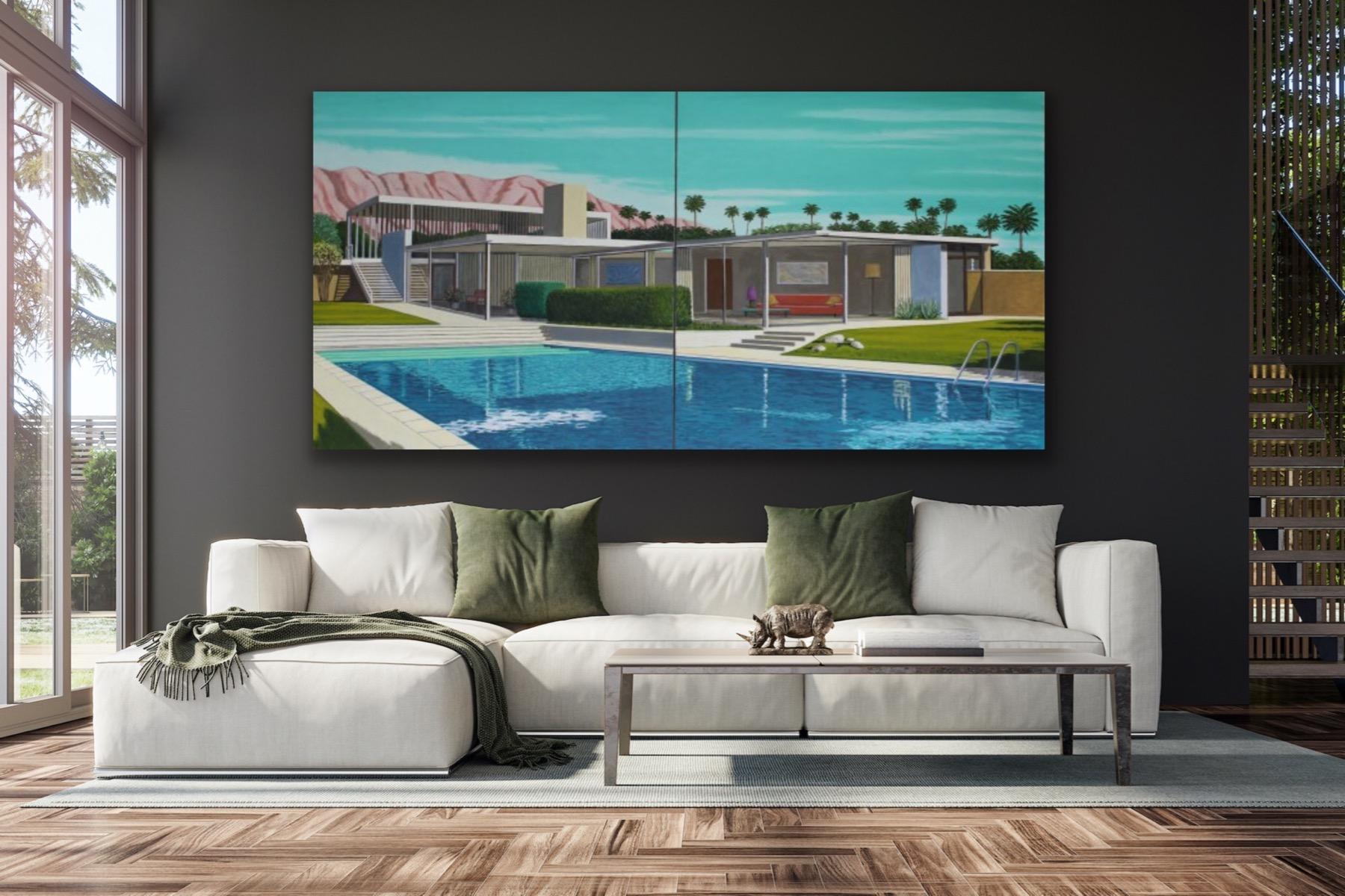 The Kaufmann Desert House - Diptych, Architecture, House, Landscape, Pool - Painting by Karen Lynn