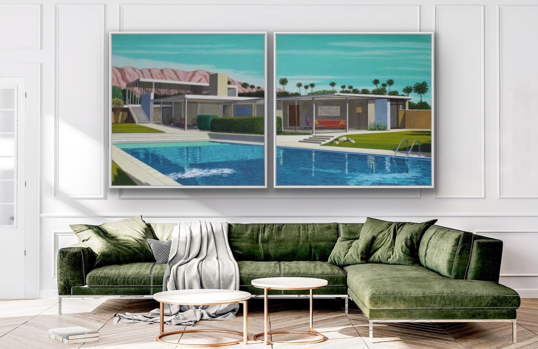 La maison du Kaufmann, diptyque, architecture, maison, paysage, piscine - Contemporain Painting par Karen Lynn