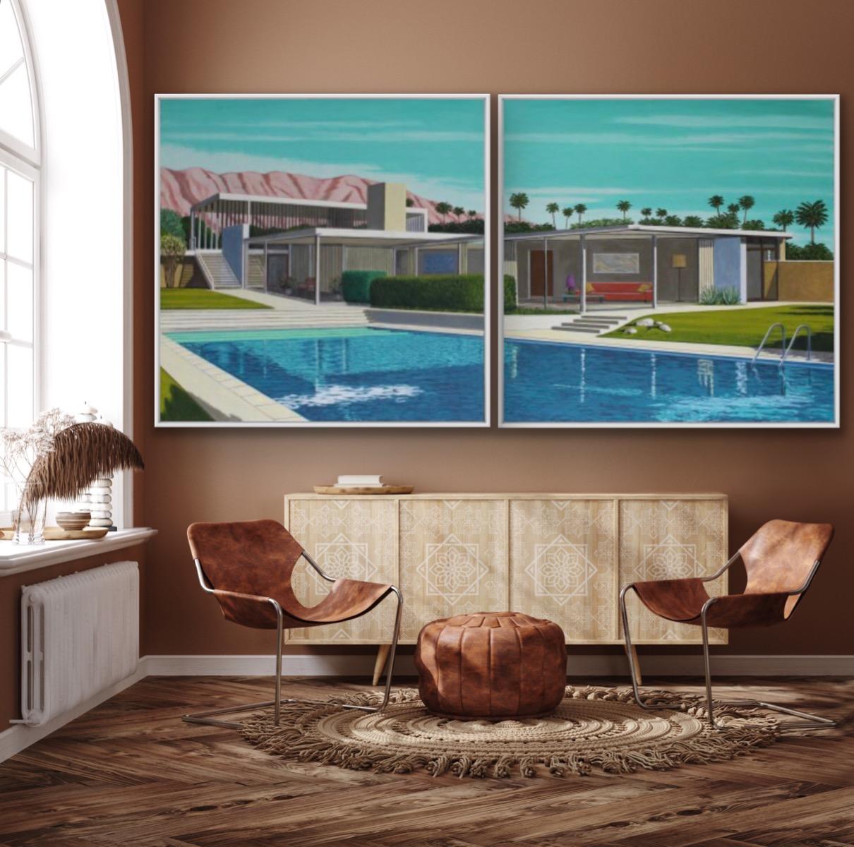 This is an oil painting of the iconic house in California designed by the famous architect Richard Neutra. I love to paint this house from many different angles and always focusing on the beautiful swimming pool and the impressive mountains behind