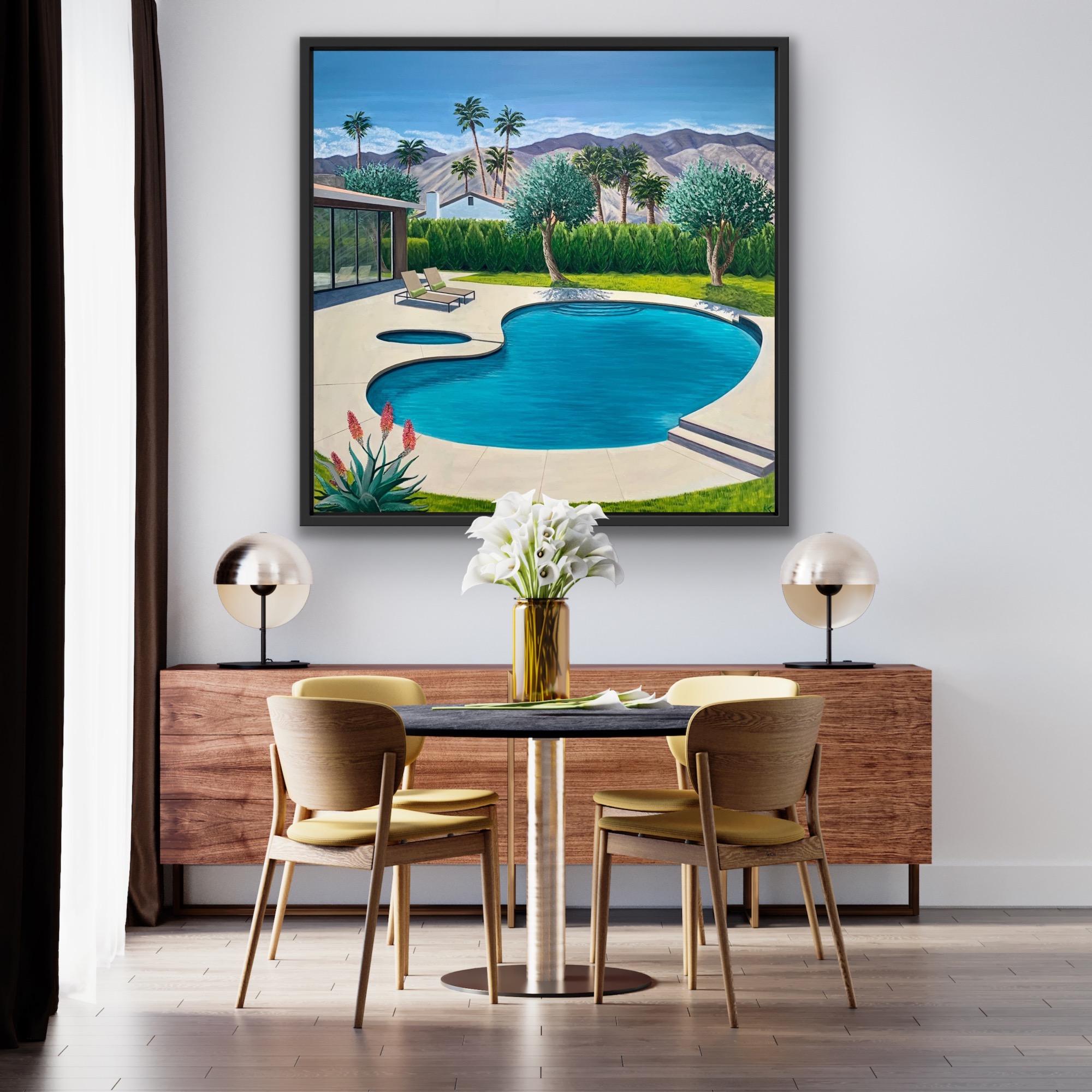 Dies ist ein Gemälde aus meiner modernistischen Pool-Serie von Gemälden. Bei diesem Gemälde gefiel mir die Form des nierenförmigen Pools, und ich platzierte die Olivenbäume, die das architektonisch moderne Haus umgeben, in einer Dreiergruppe. Die