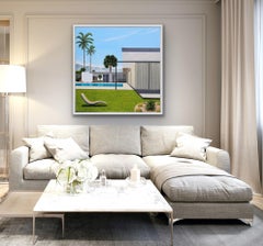 Casa gialla di Neutra, pittura architettonica di Richard Neutra, arte ispirata a Hockney