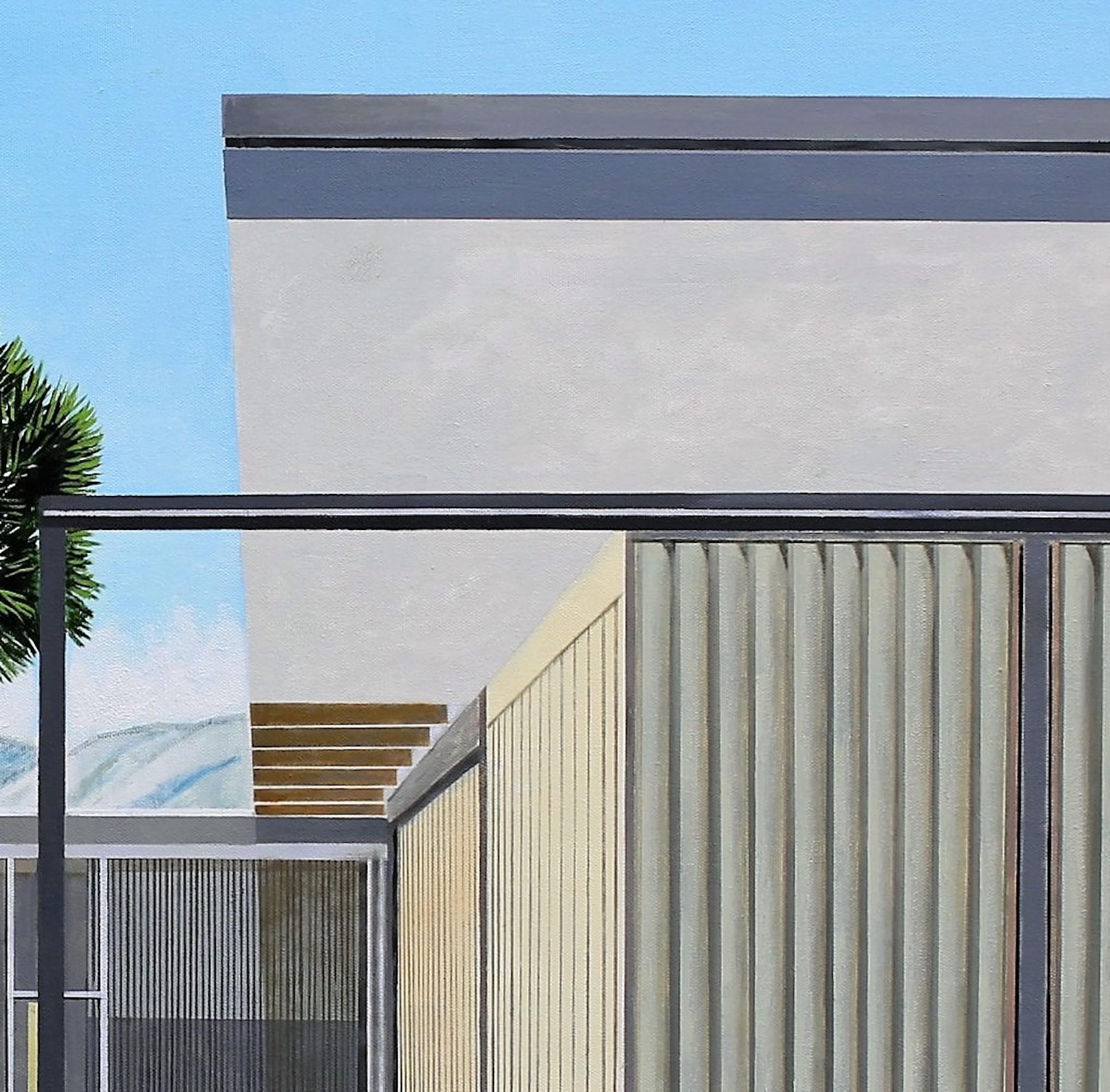 This is a painting from my architectural series of works. I love this Richard Neutra house and enjoyed painting it and adding my style with sun loungers and various cacti and a limited palette of colours to make an interesting scene of a warm