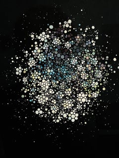 Nocturne 11 - abstract geometric dots painting white grey blue on black paper