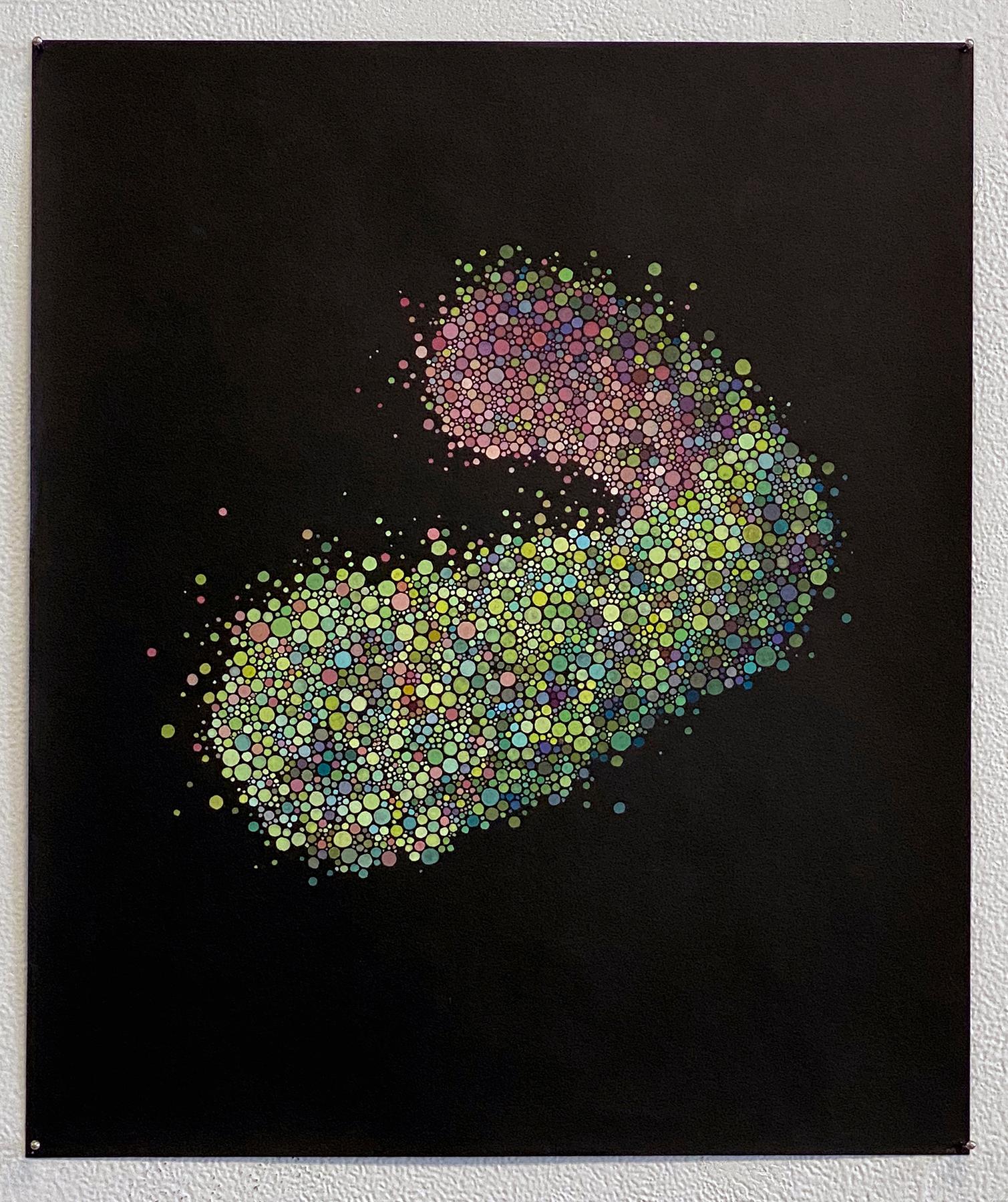 Karen Margolis Abstract Painting - Nocturne 9 - abstract geometric dots painting green pink blue on black paper
