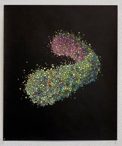Nocturne 9 - abstract geometric dots painting green pink blue on black paper