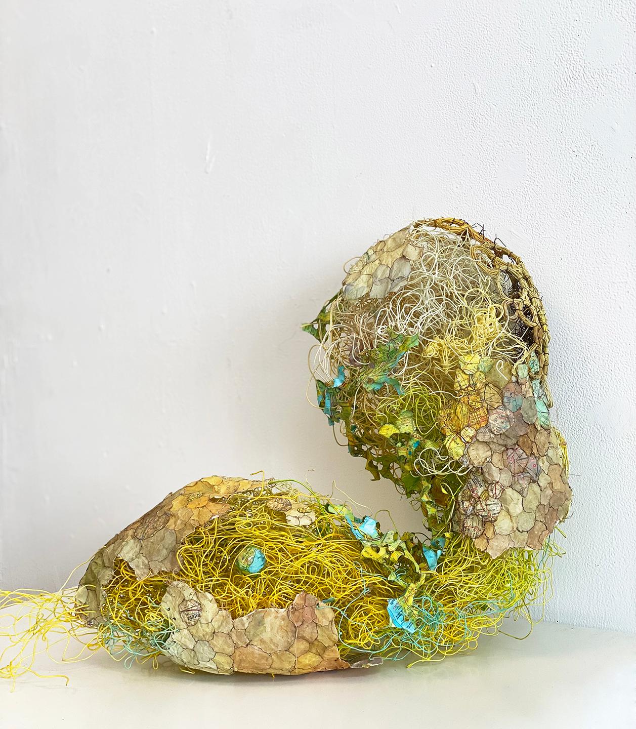 Karen Margolis Abstract Sculpture - Fetus- abstract geometric paper sculpture yellow blue beige