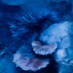 "Arrecife menguante" Corales, Pintura al óleo de paisaje marino contemporáneo a gran escala (azul intenso)