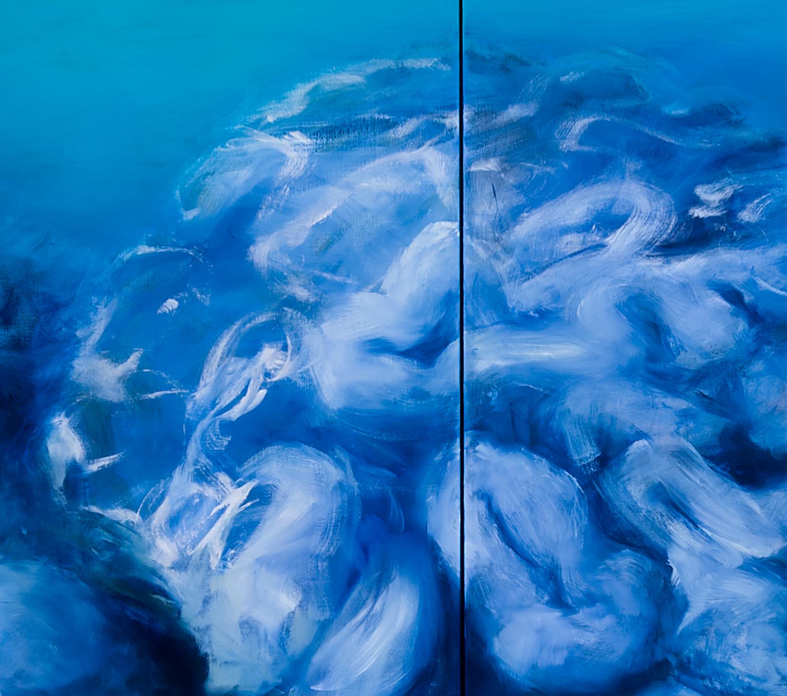 „Ebbing Reef“ Korallen, großformatiges zeitgenössisches Meereslandschafts-Ölgemälde (tiefblau) (Blau), Figurative Painting, von Karen Marston