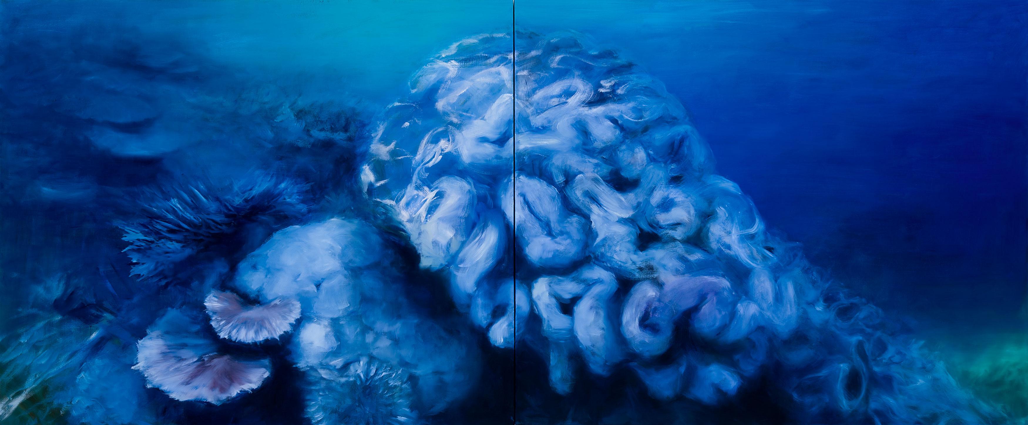 Figurative Painting Karen Marston - "Ebbing Reef" Corals, peinture à l'huile contemporaine de grand format de paysage marin (bleu profond)