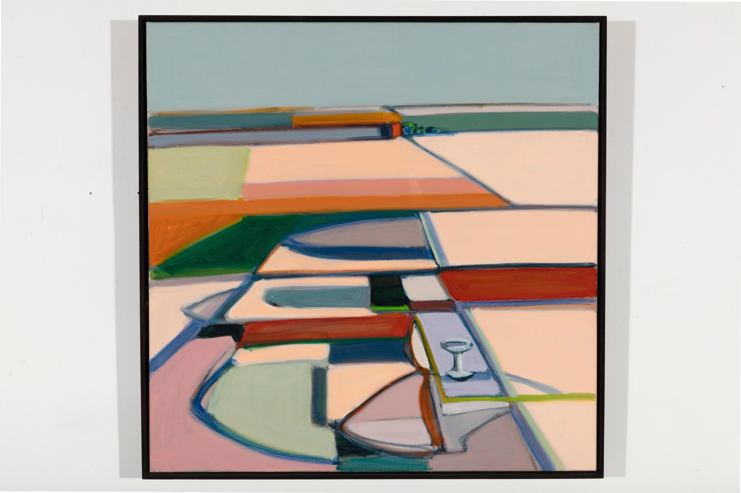 Karen Matheis - "Prairie Fields Blue Square"- mid century, green, blue