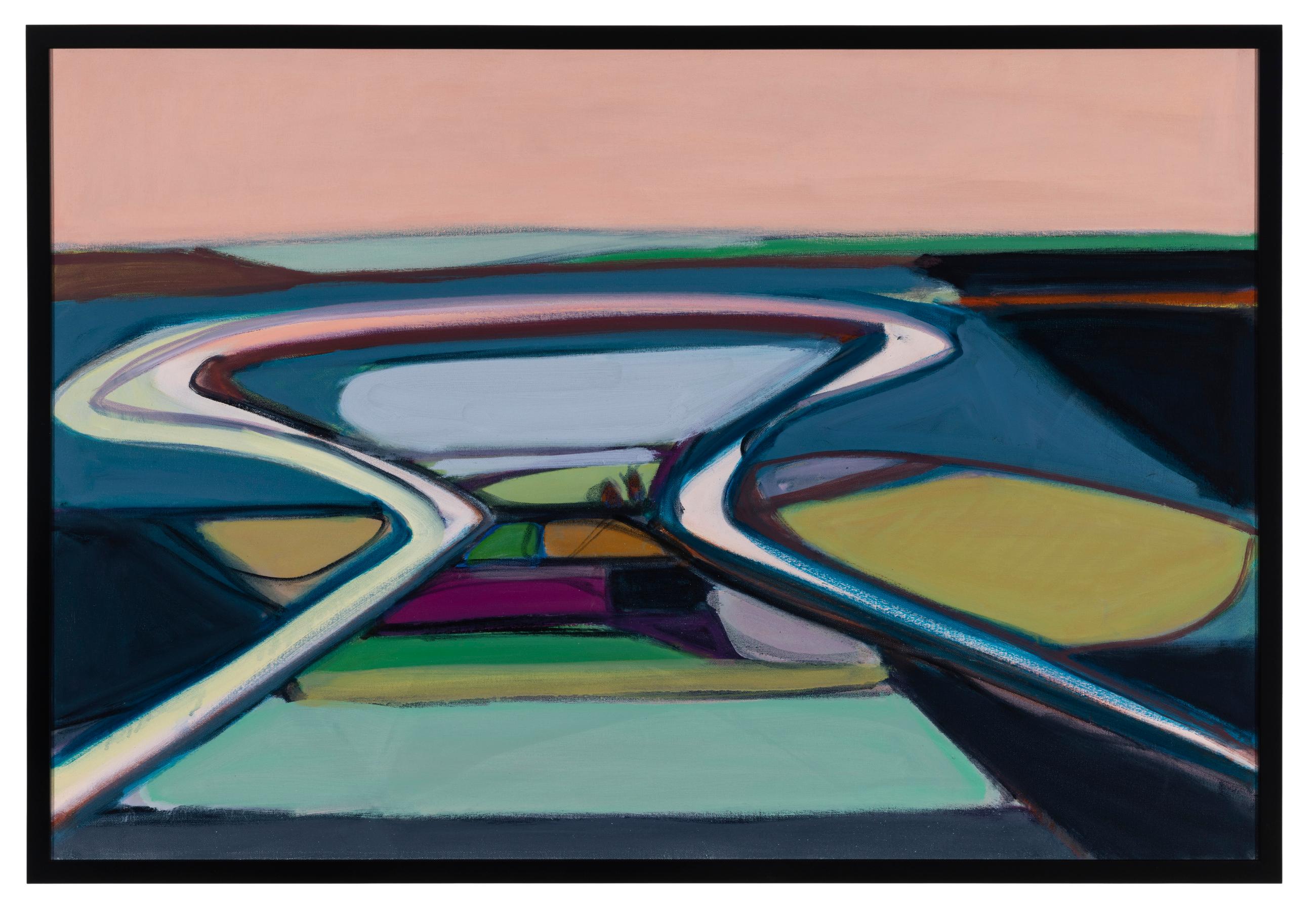 Karen Matheis Abstract Painting - "Evening Meander"- Landscape, mid century, green, blue, violet, pink