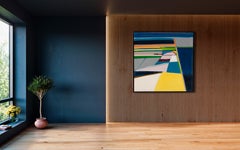 "Fields With Yellow Square"- Landscape, mid century, green, blue, pink, orange