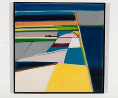 "Fields With Yellow Square"- Landscape, mid century, green, blue, pink, orange,