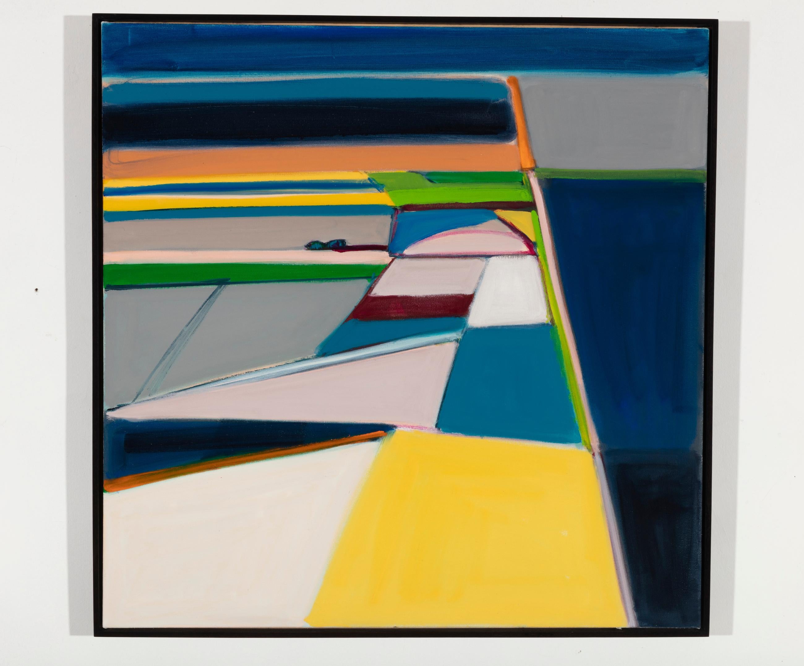 Abstract Painting Karen Matheis - "Fields With Yellow Square" - Paysage, milieu du siècle, vert, bleu, rose, orange
