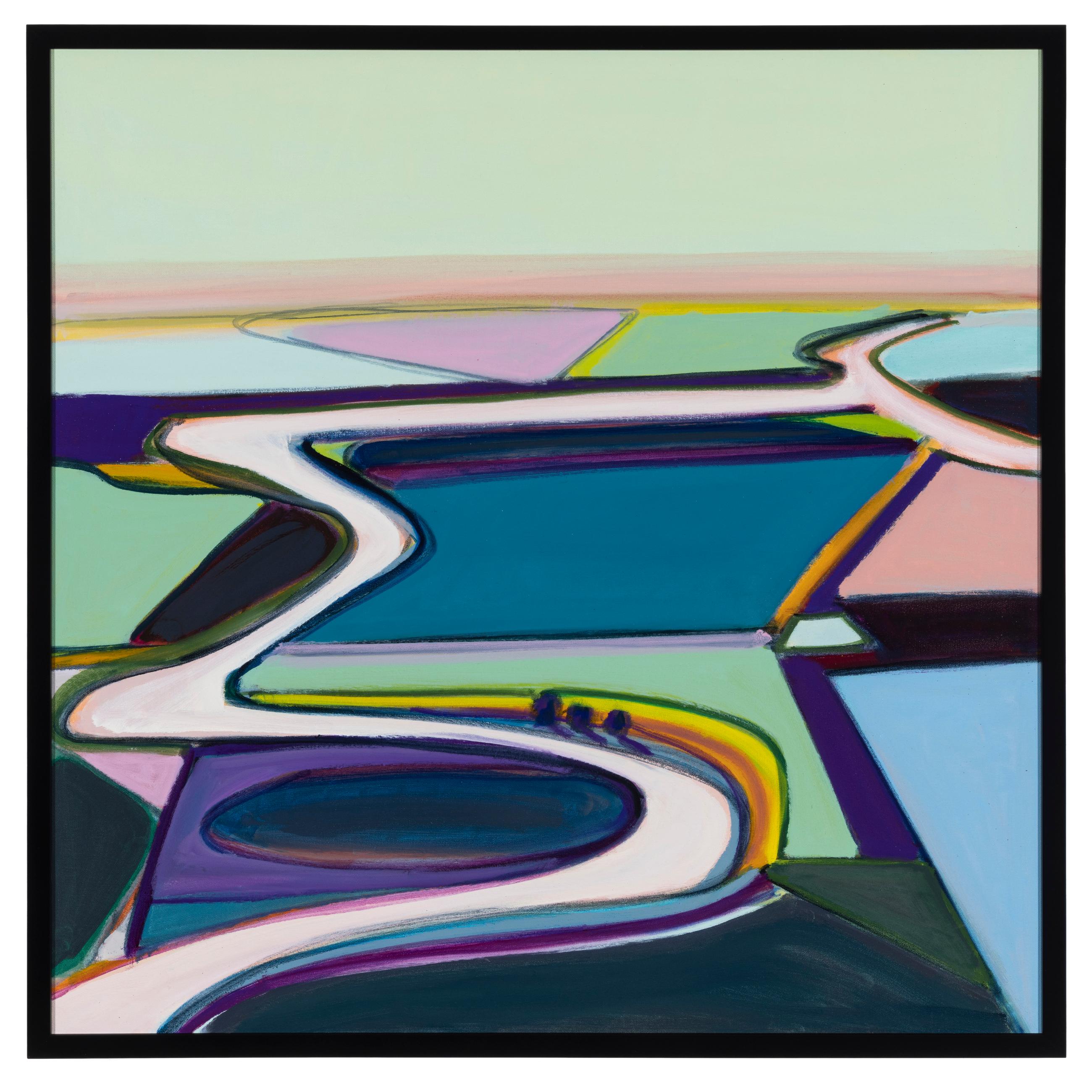 Karen Matheis Abstract Painting - "Meandering Fields"- Landscape, mid century, green, blue, violet