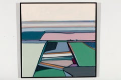 "Piecework Fields"- Landscape, mid century, green, blue, pink, orange, white