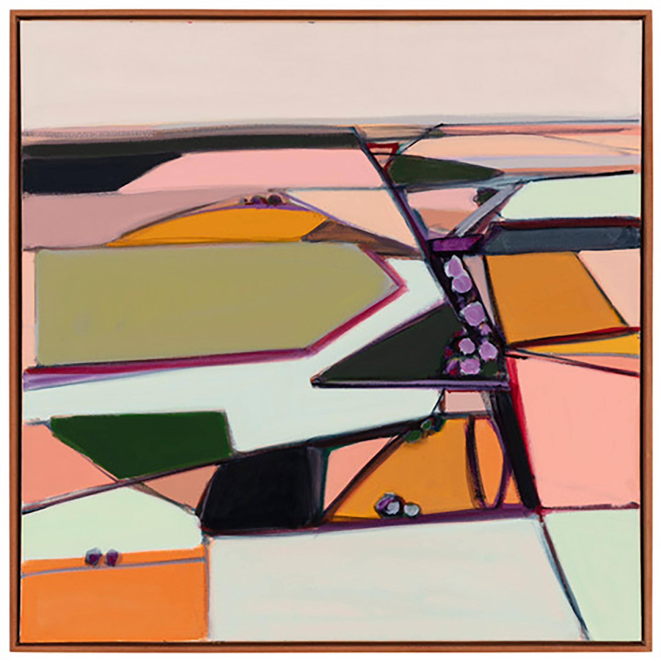 Karen Matheis Landscape Painting - "Pink & Green Fields"- Landscape, prairie, mid century, modern, green, blue